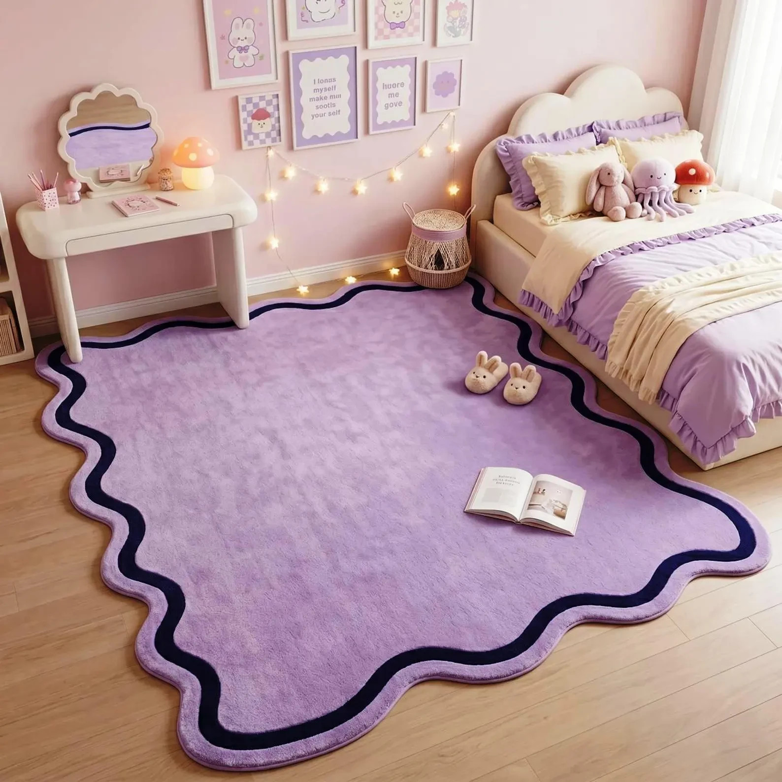 Hand-Tufted Lavender Nz Wool Rug, Scalloped Wavy Border Area Design Carpet Rug