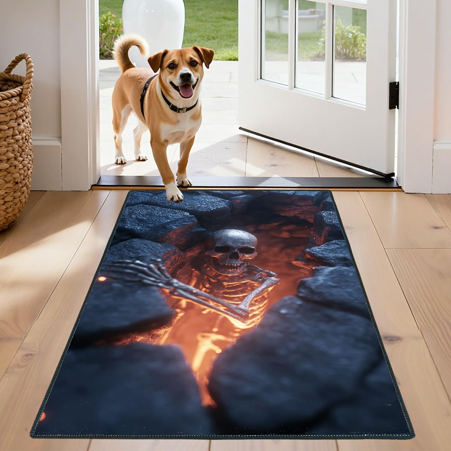 Washable 2×3 Foot Entry Rug Dark Gothic Skeleton Non Slip Black Fire Design