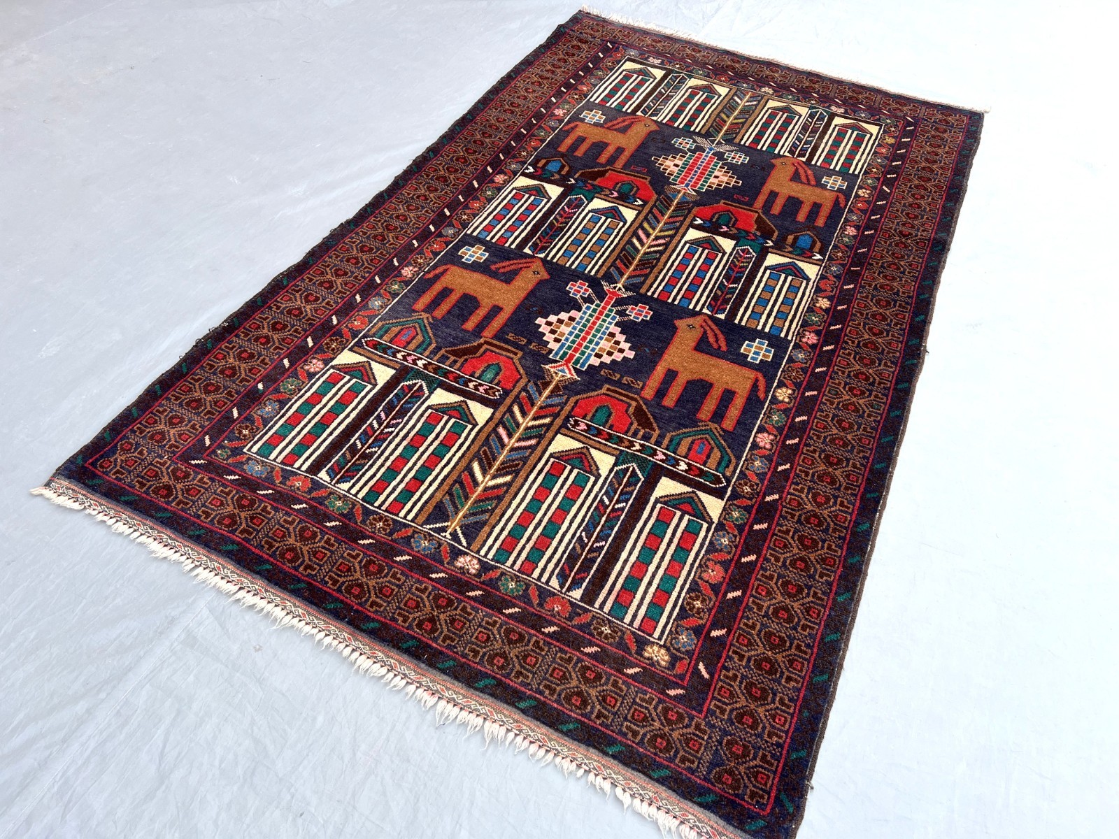 3×6 Rare Baluchi Pictorial Rug Afghan Wool Carpet Animal Village Folk Art Decor