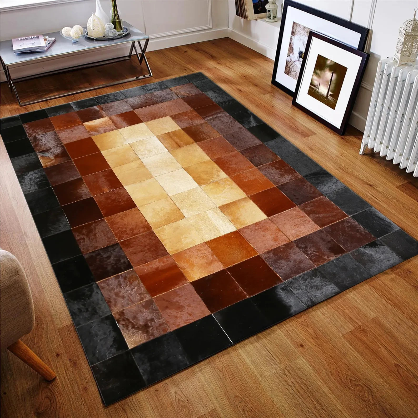 Handmade Cowhide Patchwork Rug Brown Black Leather Area Rug Hair on Hide Carpet