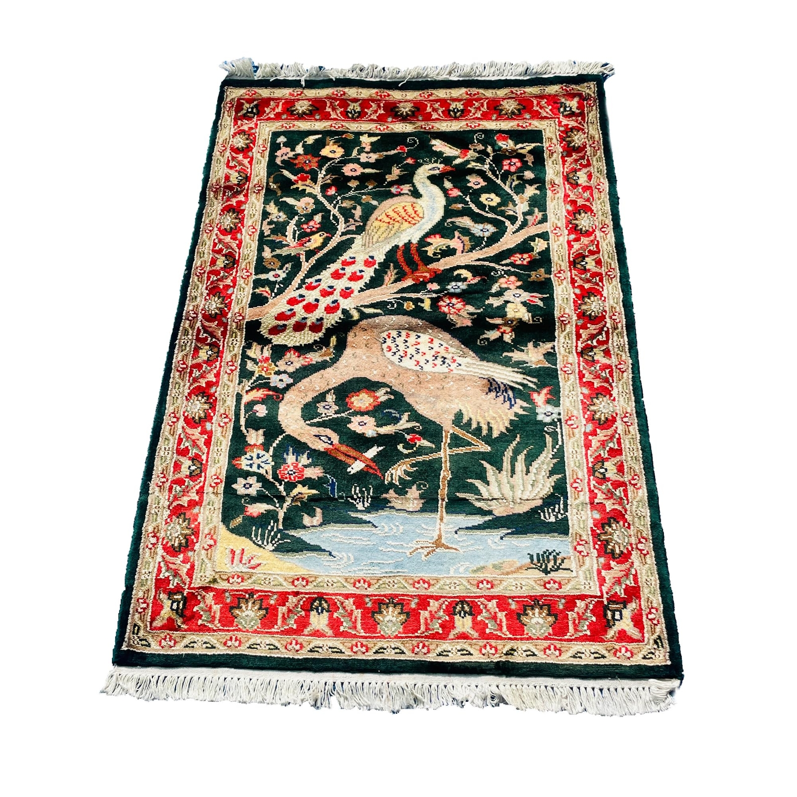 Area Rug Peacock Ostrich Tree of Life Hand Knotted Wool Silk Carpet (4.1 x 2.8)’