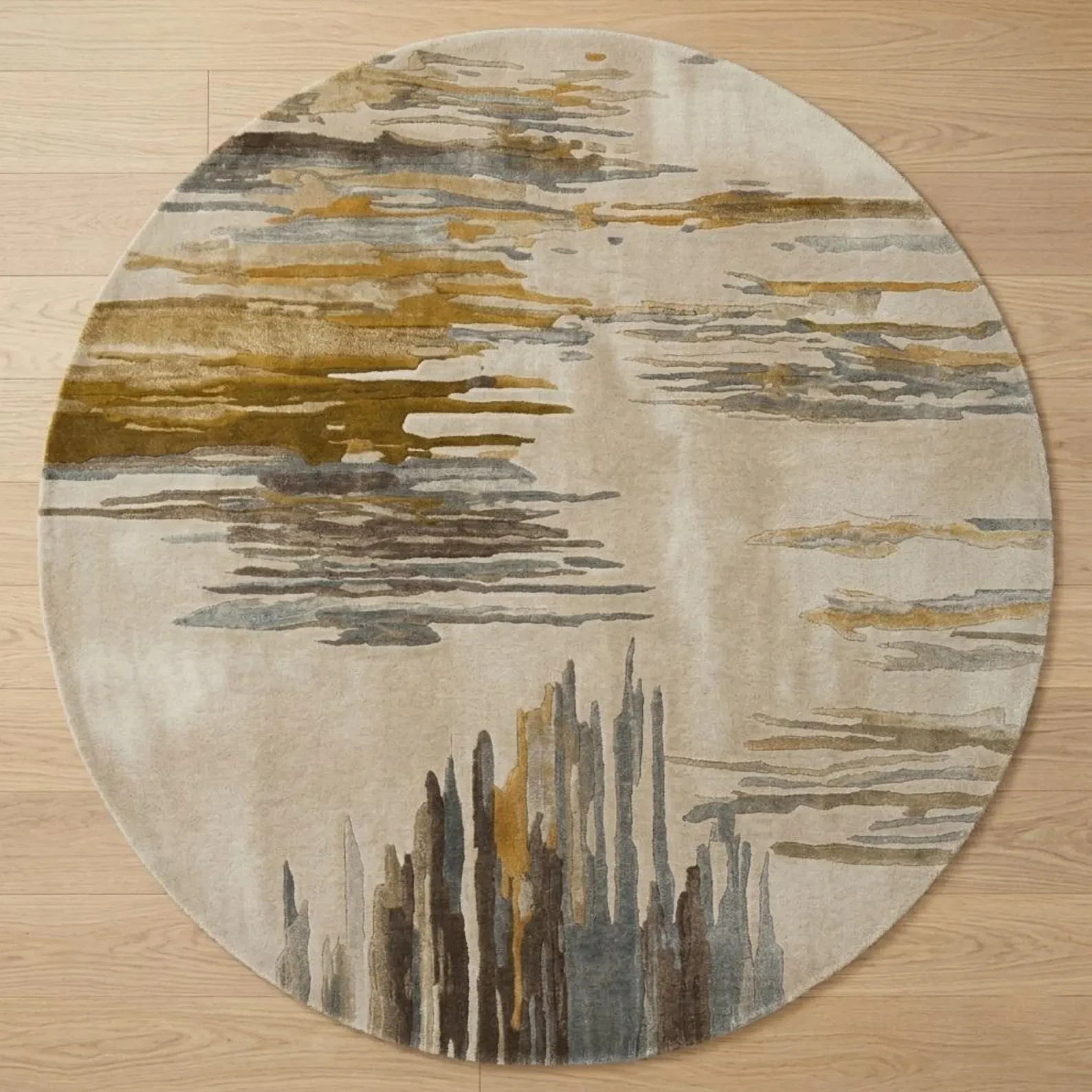 Hand Tufted Abstract Wool Area Rug: Beige Gold Grey Contemporary Carpet Modern