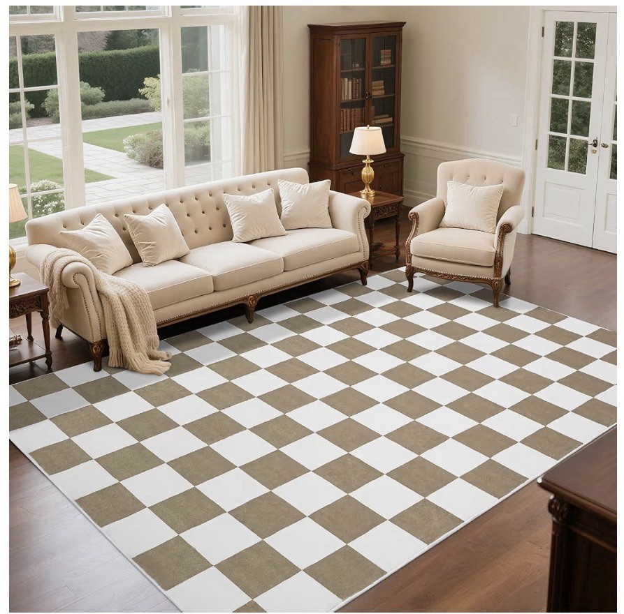 Washable Checkered Rug, 5×7 ft Beige and White Rug, Low Pile