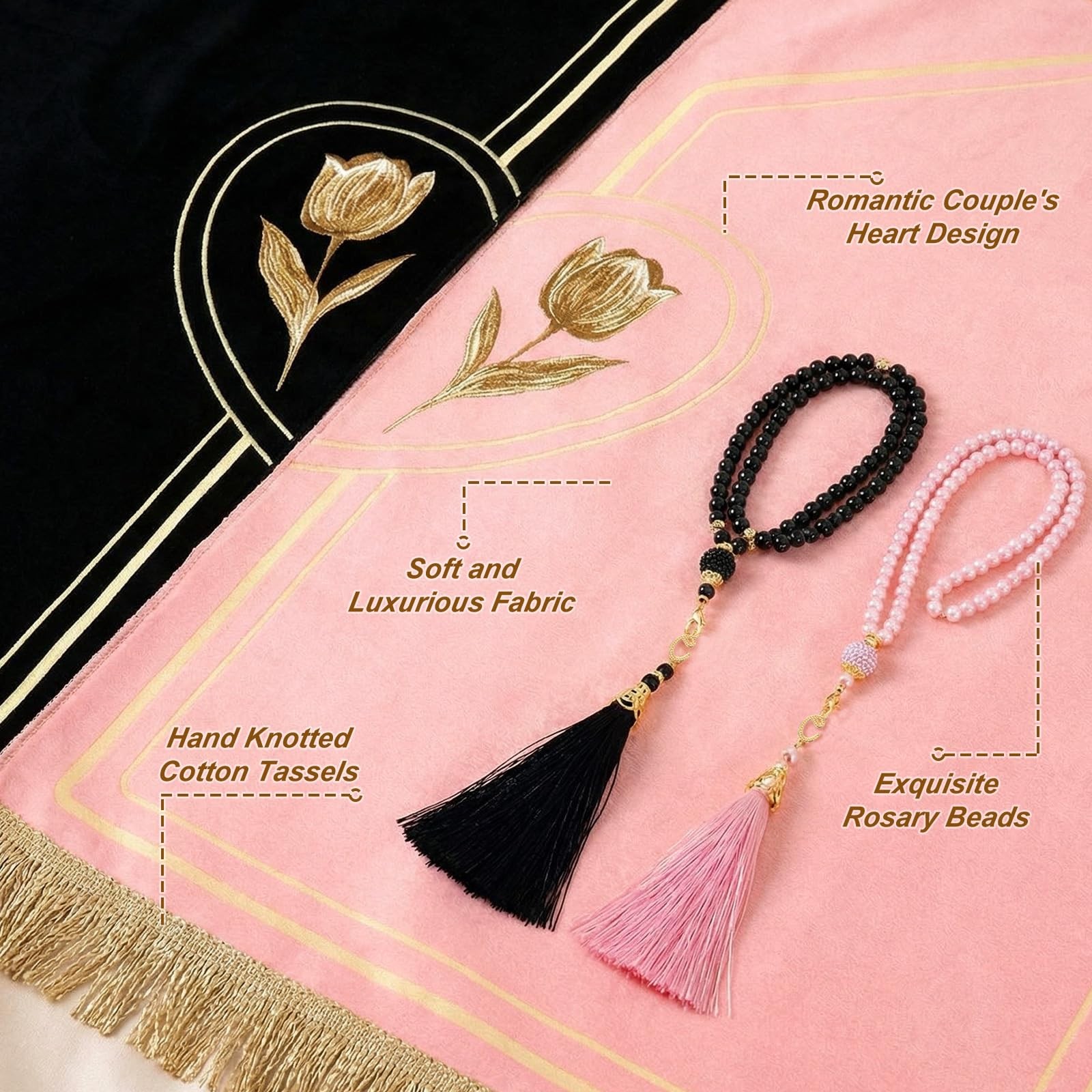 Drydiet 2 Pcs Muslim Couple Prayer Rug Set Heart Design 2 Pcs Prayer Beads
