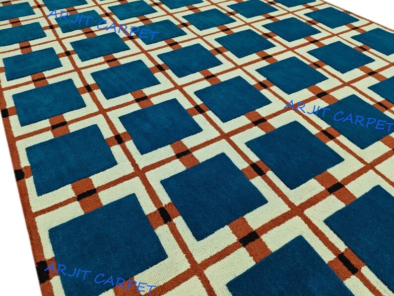 Modern Geometric Hand-Tufted Wool Rug – Bold Grid Pattern Area Living Room