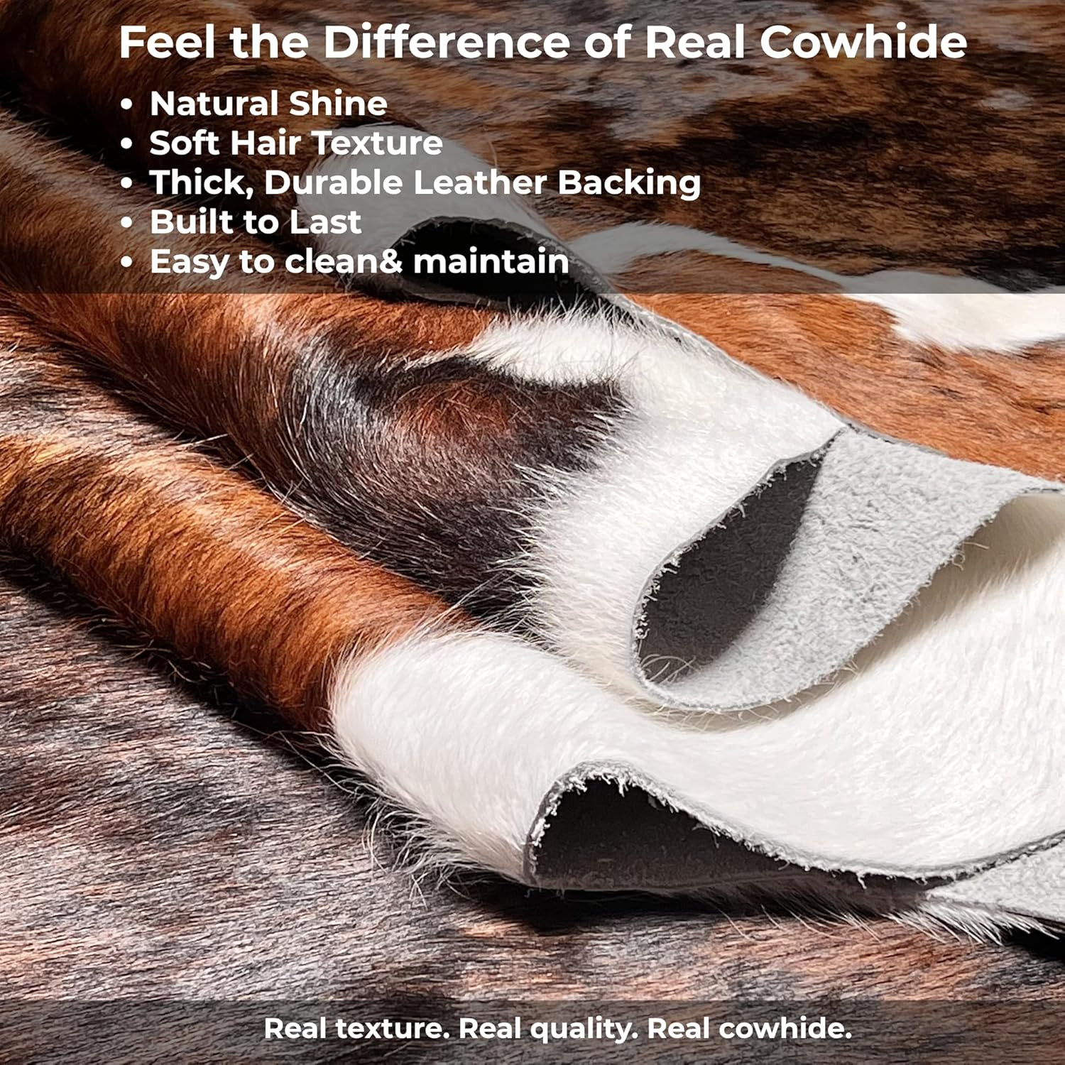 Tricolor Cowhide Rug 8×10 – Unique, Eco-Friendly, Easy to Clean for Rustic Homes