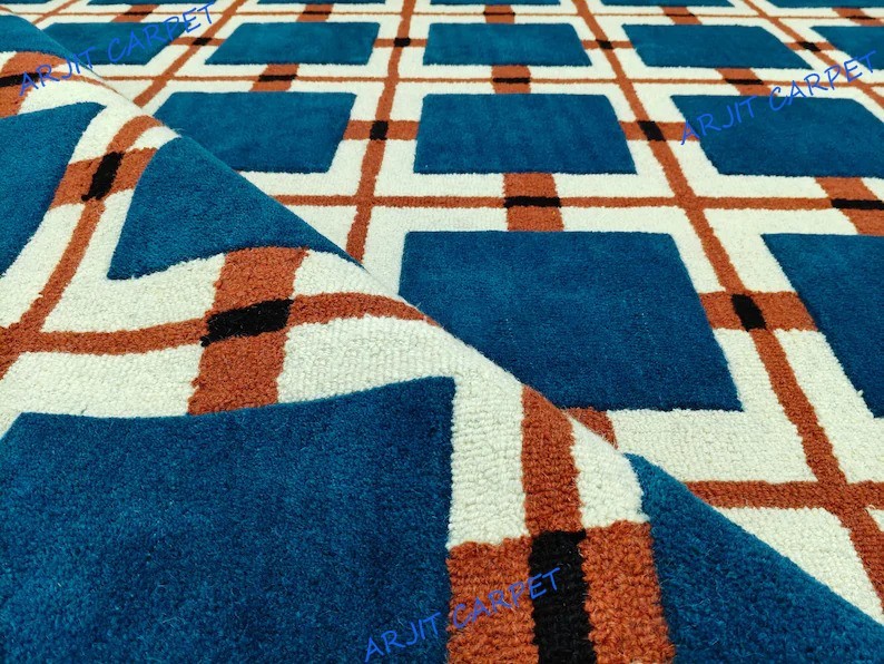 Modern Geometric Hand-Tufted Wool Rug – Bold Grid Pattern Area Living Room