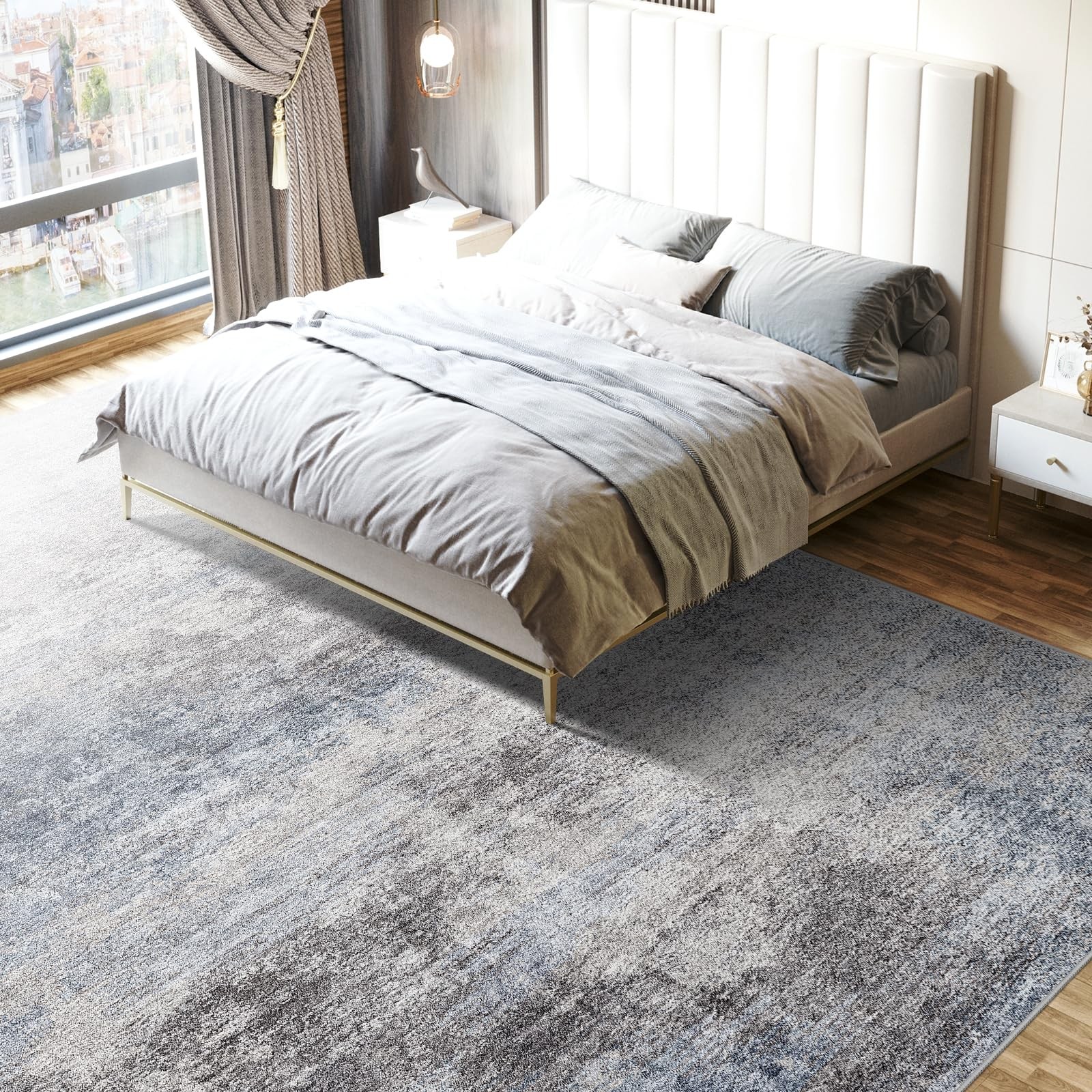 Washable Abstract 5×7 Area Rug: Low Pile and Non-Slip 5 x 7 feet, Blue/Grey
