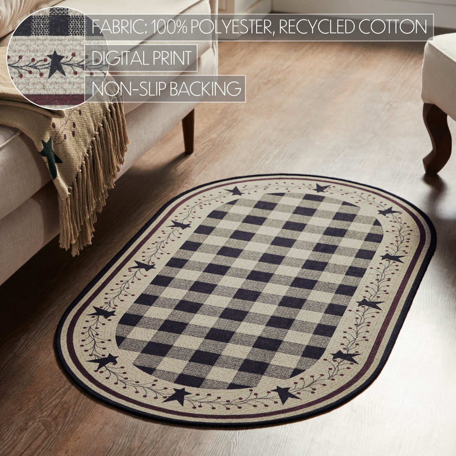 Pip Vinestar Polyester RUG Oval Latex Back 27×48 Country Black Natural Burgundy