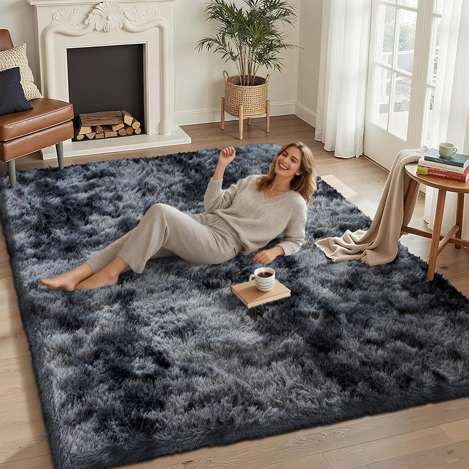 Fluffy Area Rug Large Soft Shaggy Tie-dyed Grey Carpet Mat for Living Room Floor