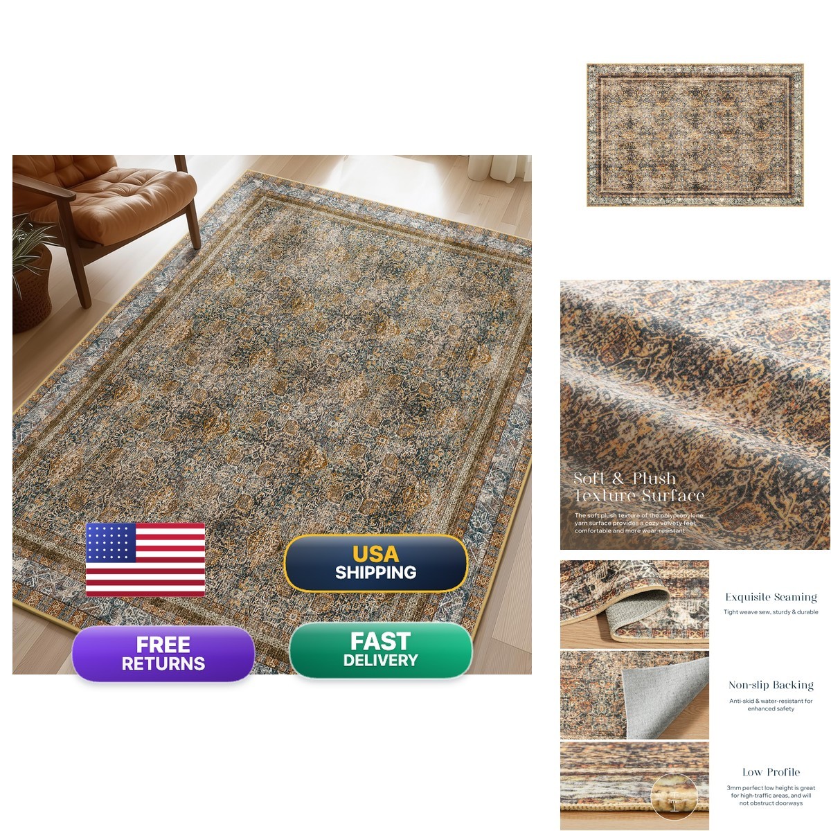 Phantoscope Washable Area Rug 9X12 Non-Slip Vintage Neutral Rugs For Living