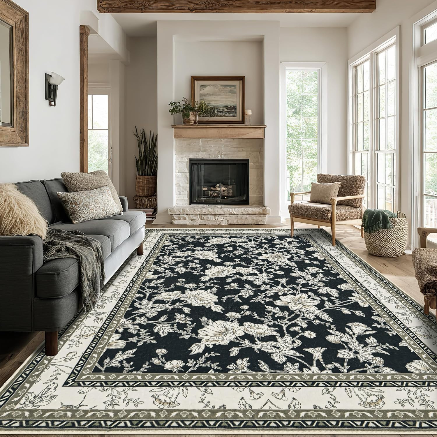 Black Floral Area Rugs 6X9 Living Room, Black with Cream Beige Taupe Flower Desi