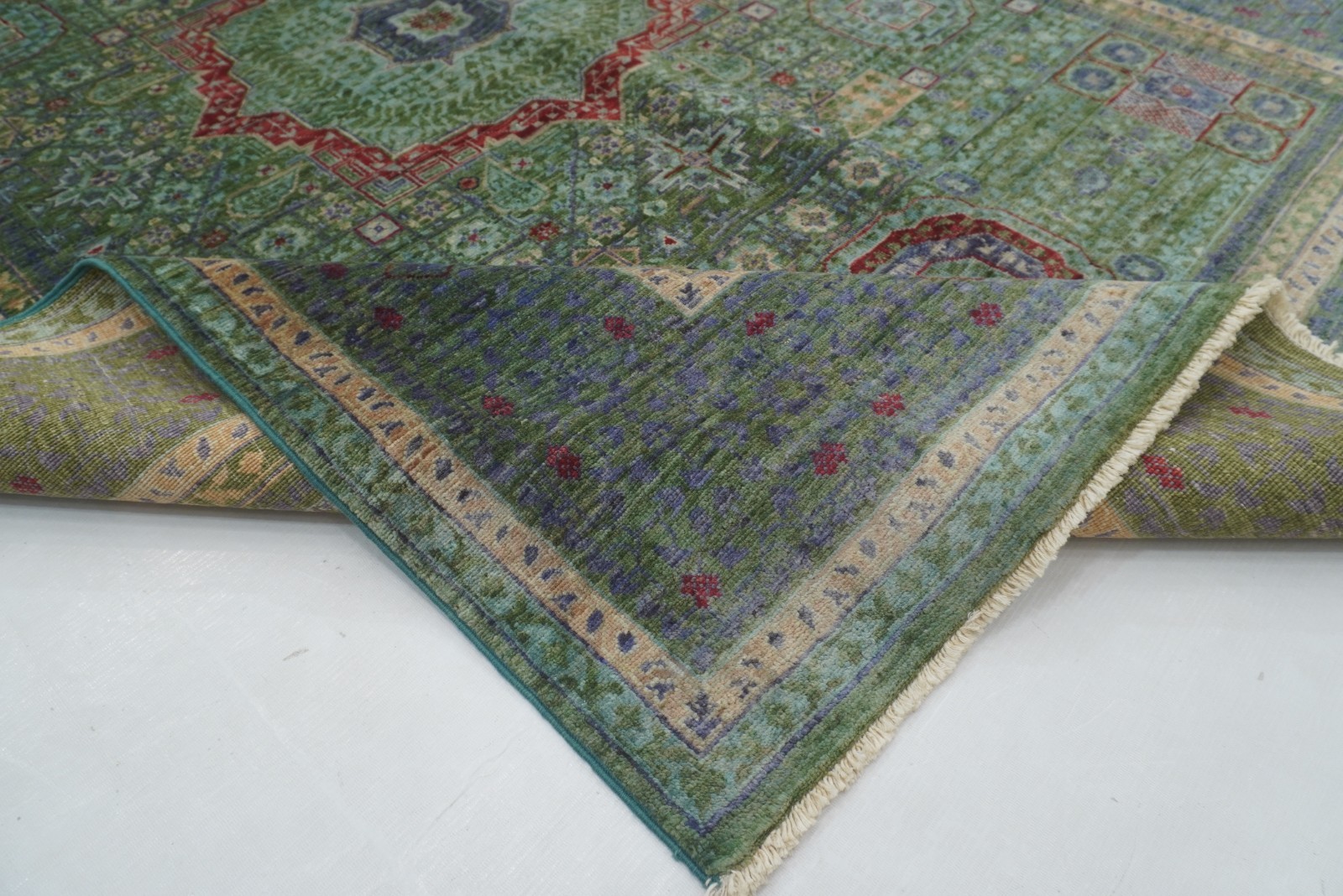 5×7 ft Green Mamluk Afghan Hand Knotted Wool Medallion Rug