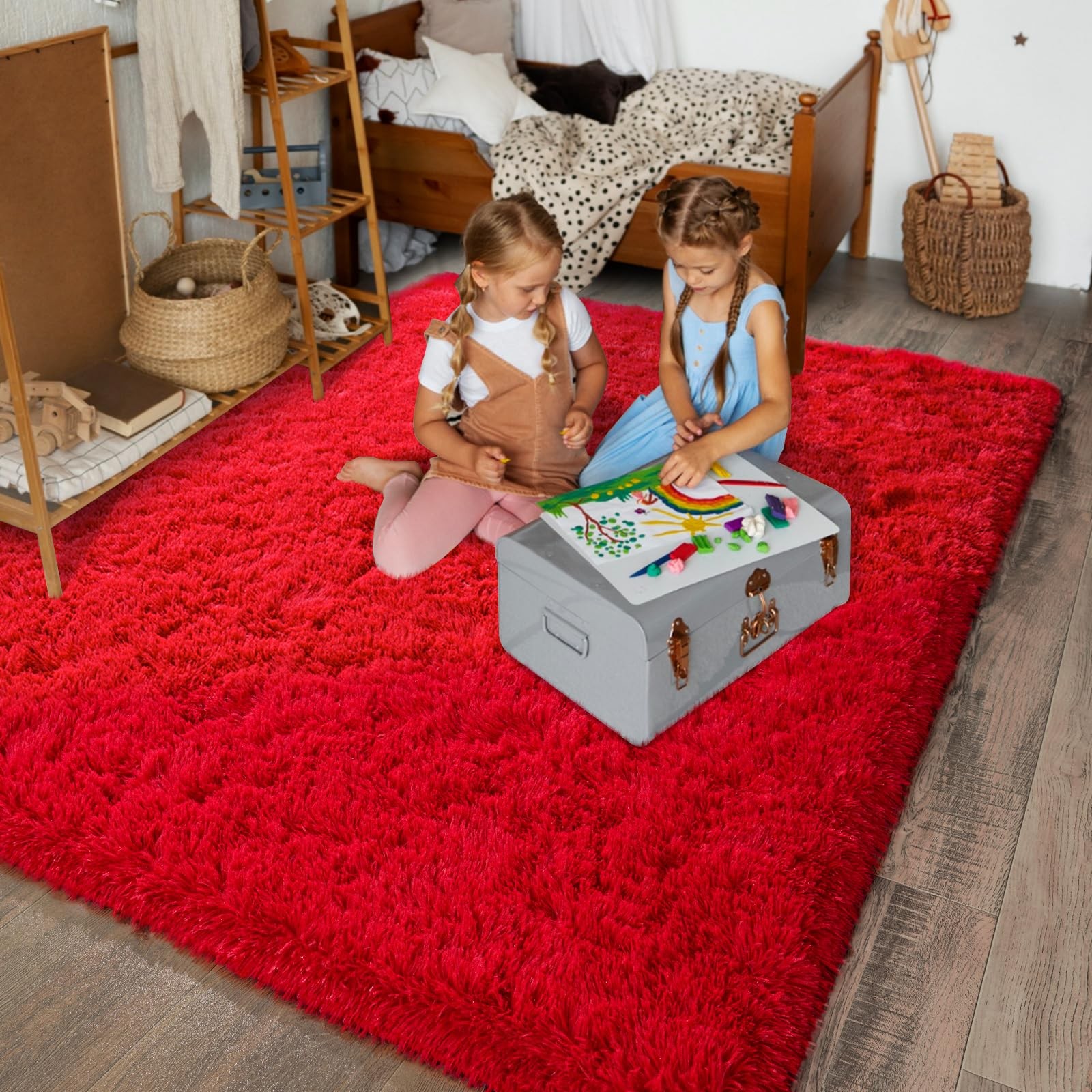 Dssimo Super Fluffy Rug for Bedroom, 4×6 Feet, Modern Shag Red Area Rugs, Soft a