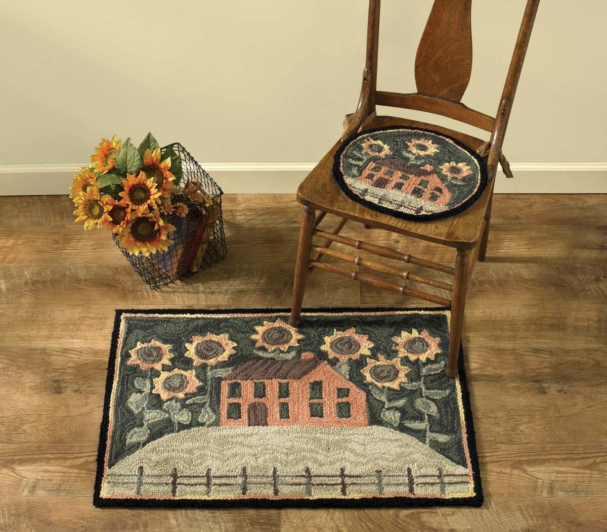 Saltbox House Sunflowers Polyester Country Primitive Hooked Accent Rug 24″x36″