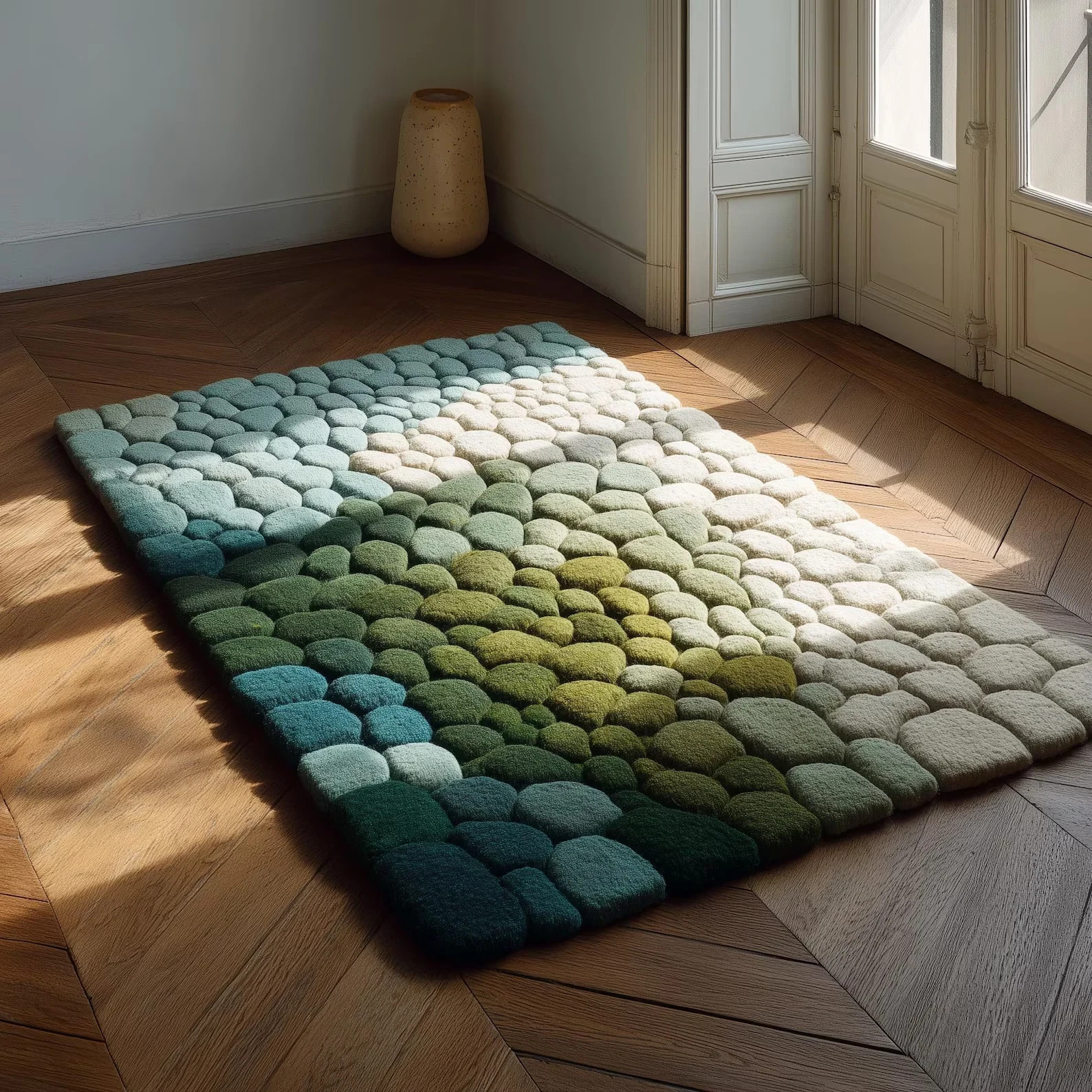 Modern 3D Pebble Rug Green Teal Gradient Stone Hand Tufted Wool Living Room Rug