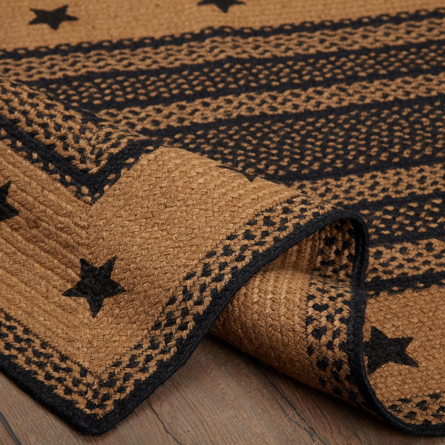 Farmhouse Jute Rectangular Rug 36×60 with Stencil Stars Border and Pad, Black