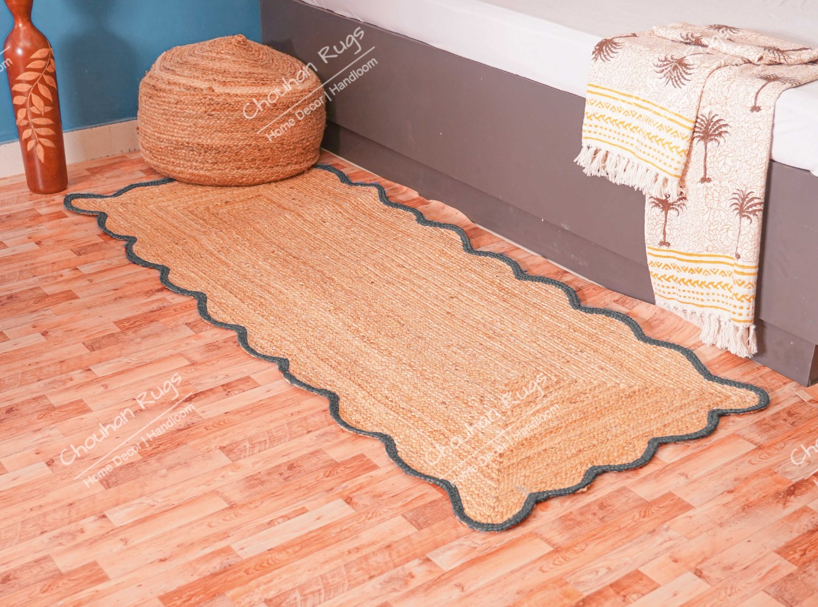 Handmade Jute Rug Beige With Dark Grey Border Boho Large Area Rug Vintage Rug