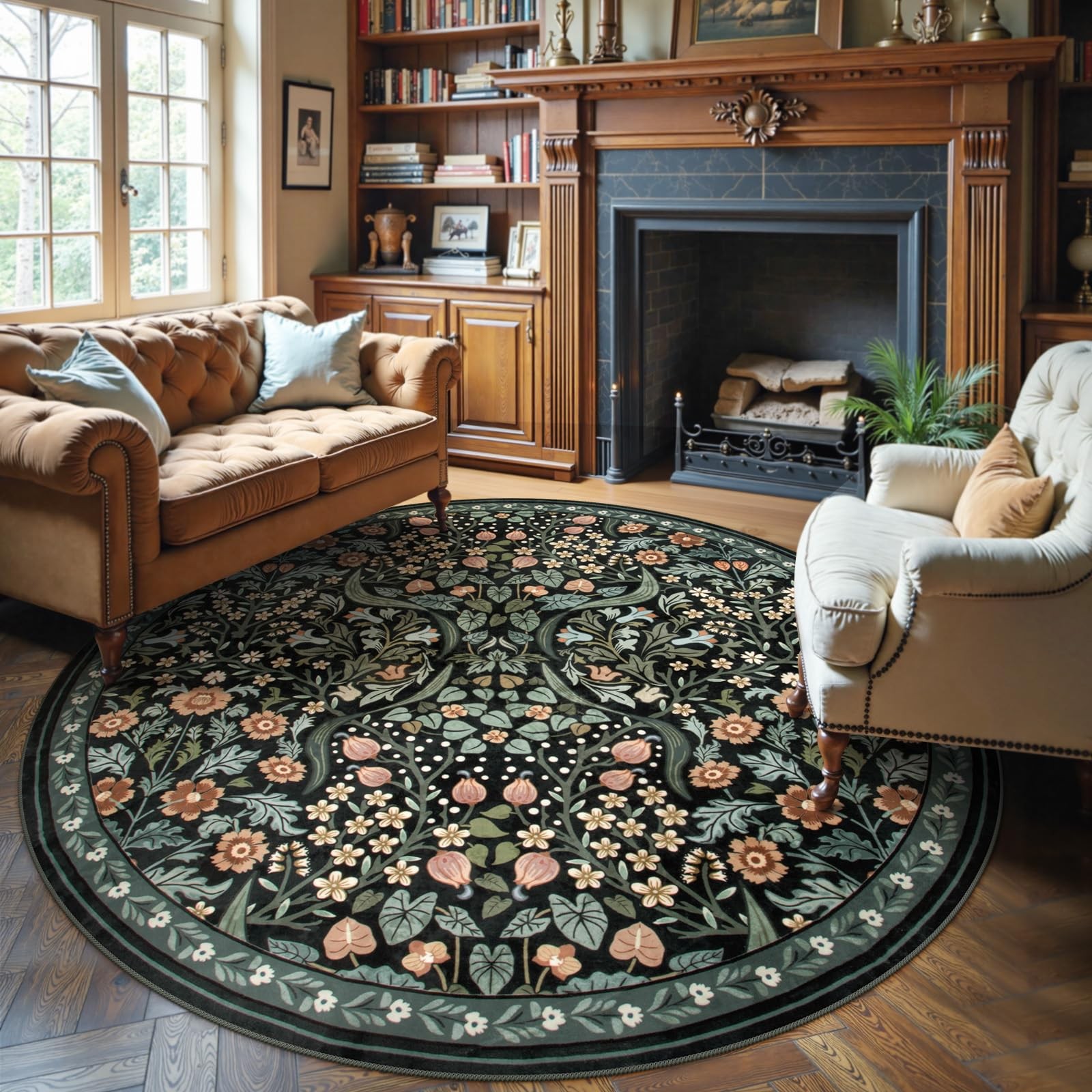 Moynesa Floral Round Area Rugs 6ft, Washable Boho 6′ (Round), Black
