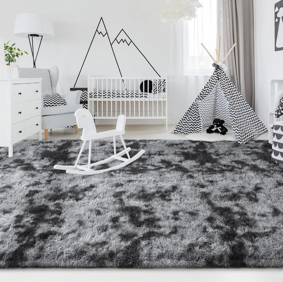 Large Area Rugs for Living Room 4×6 Feet Tie-Dyed Dark Grey Shaggy Rug Fluffy