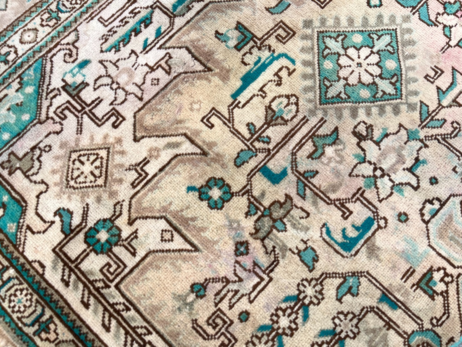 4 ft Round Vintage Turkish Rug Muted Oushak Circle Small Area Rug Turquoise Pink