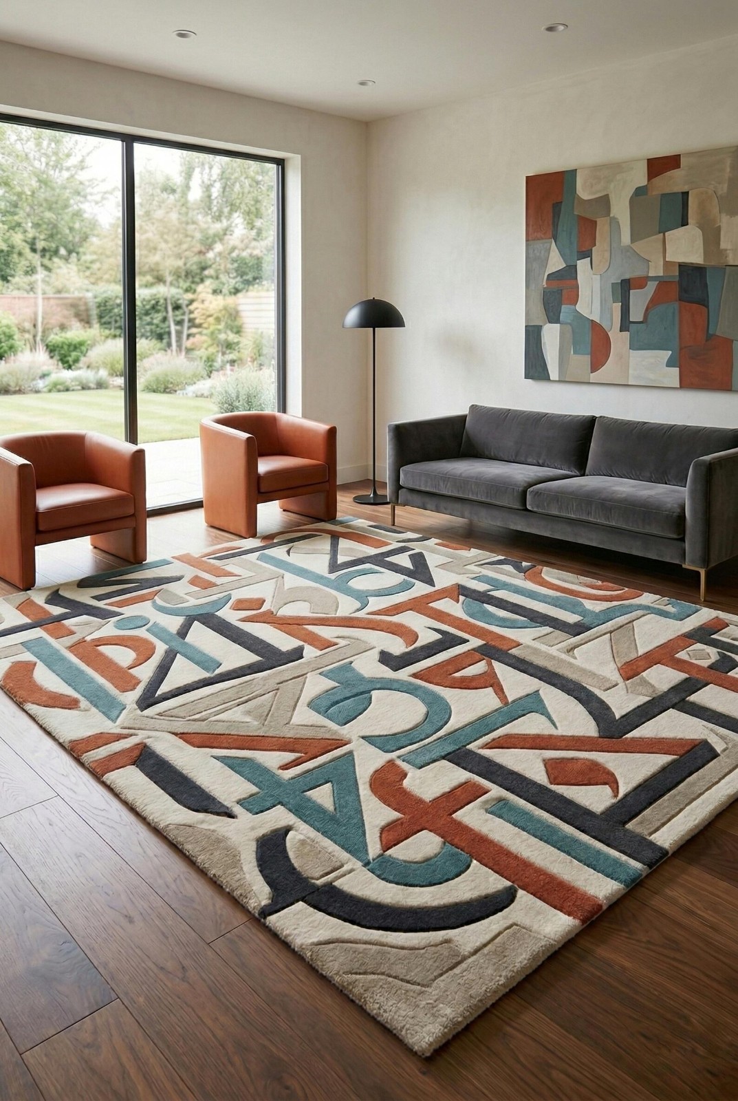 Modern Graphic Rug, Abstract Letter Pattern, Hand Tufted Wool Area Rug Carpet