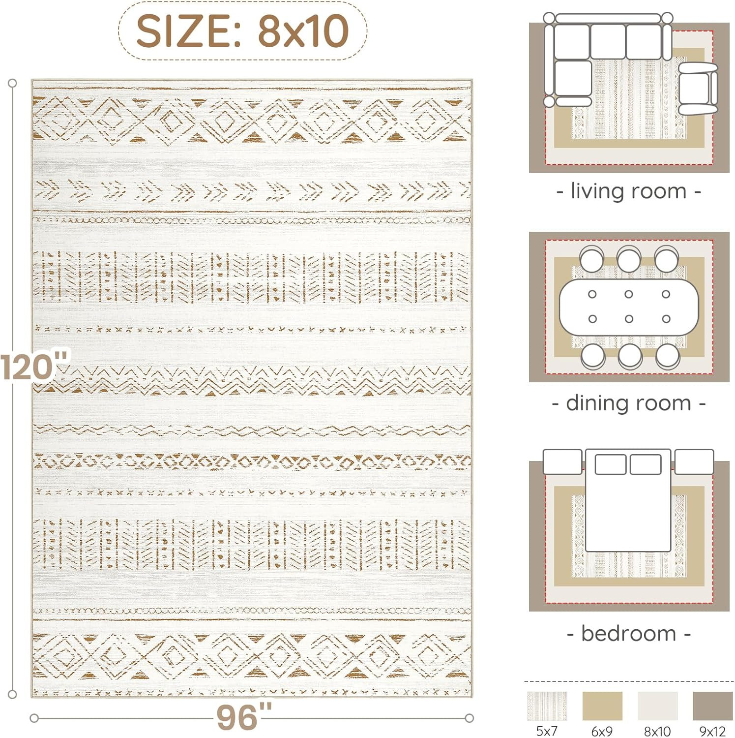 Large Living Room Area Rug 8X10: Soft Machine Washable Boho Moroccan Farmhouse R