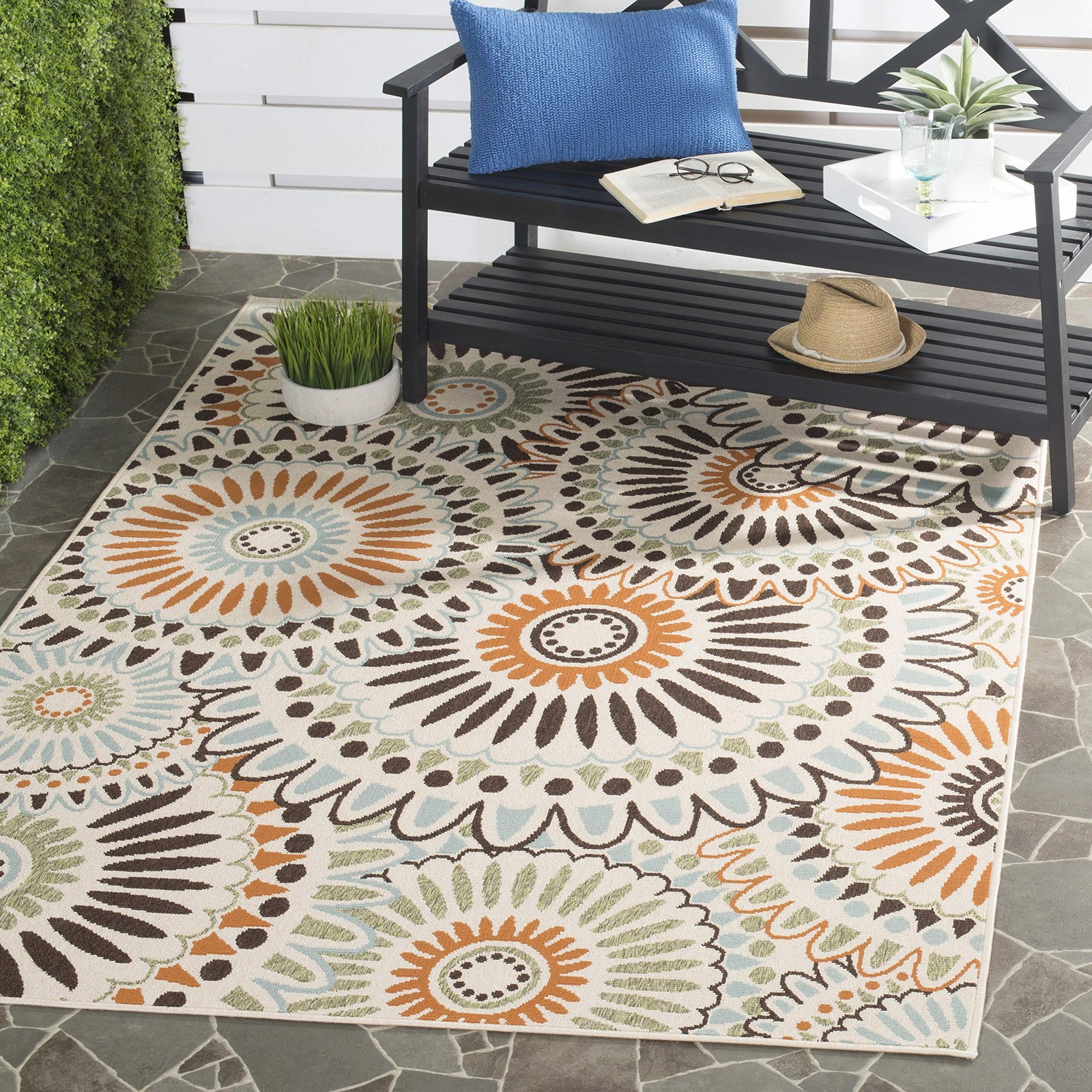 Washable Rug Outdoor Collection – 6’7″ Square, Cream & Chocolate, Non-Sheddin…