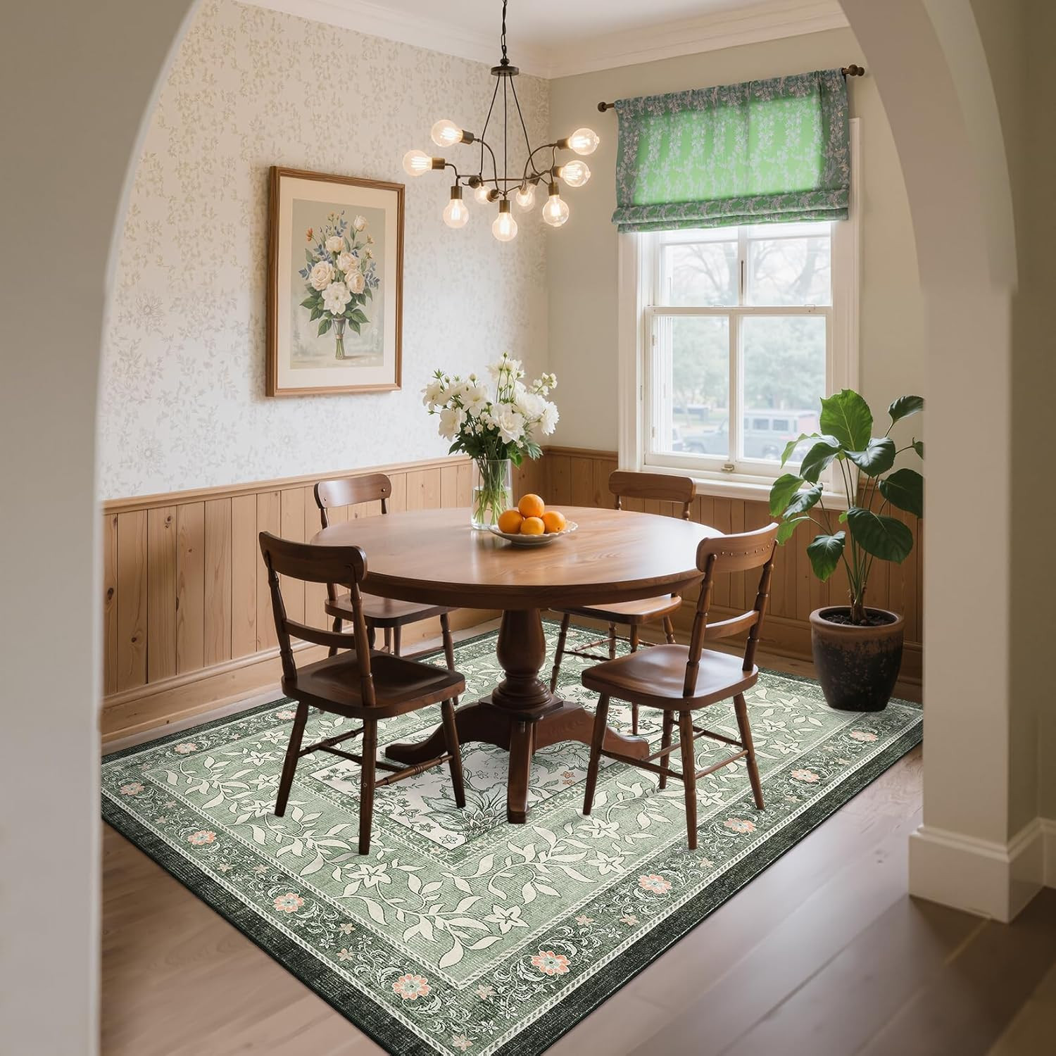 Botanical Grove Sage Green 9×12 Washable Area Rug for Living Room & Bedroom