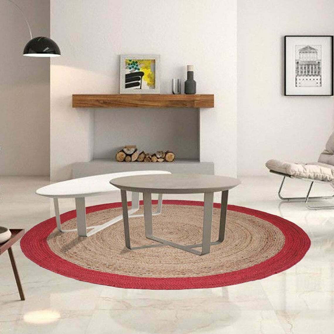 Round Jute Rug handmade Natural Beige with Red Border area rug for home decor