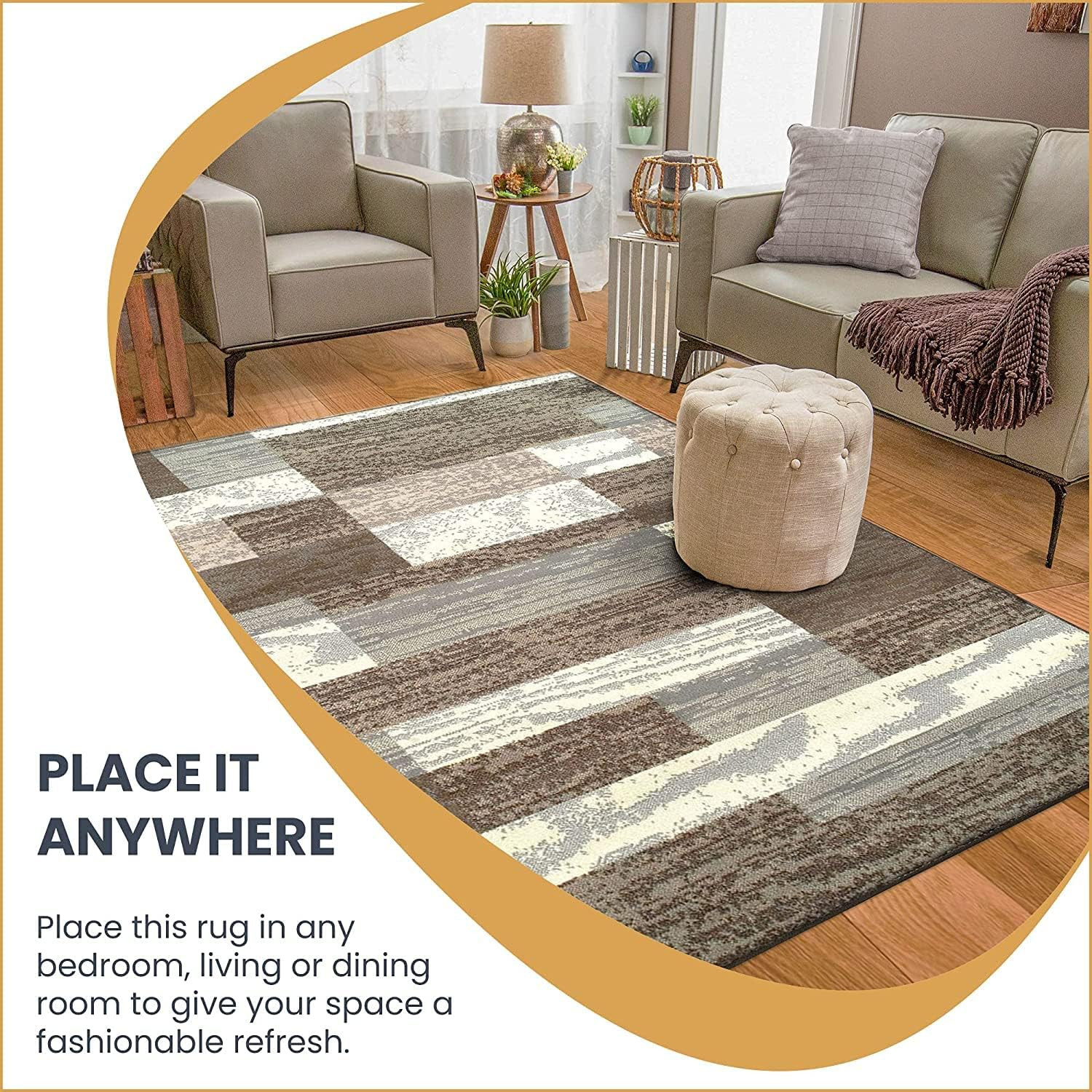Indoor Area Rug, Jute Backed, Modern Geometric Patchwork Floor Decor for Bedroom