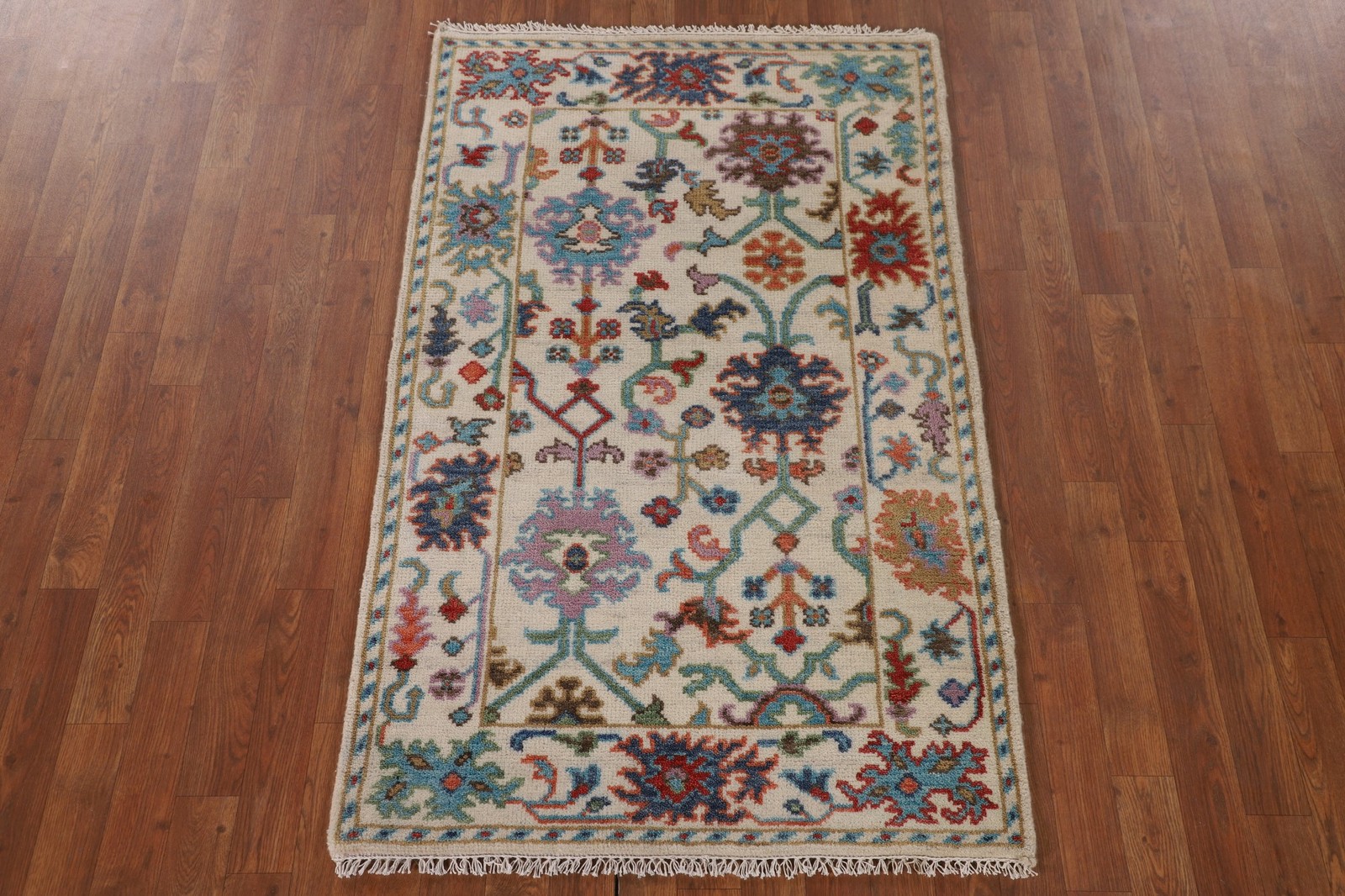 Beige Ivory Oushak Accent Rug 3×5 Ft Hand-Knotted Oriental Wool Floral Carpet