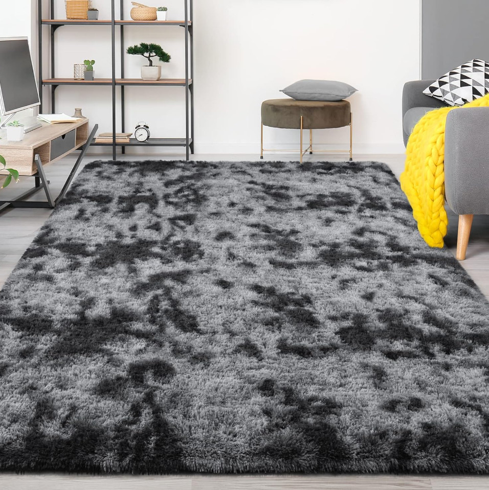 Large Area Rugs for Living Room 4×6 Feet Tie-Dyed Dark Grey Shaggy Rug Fluffy