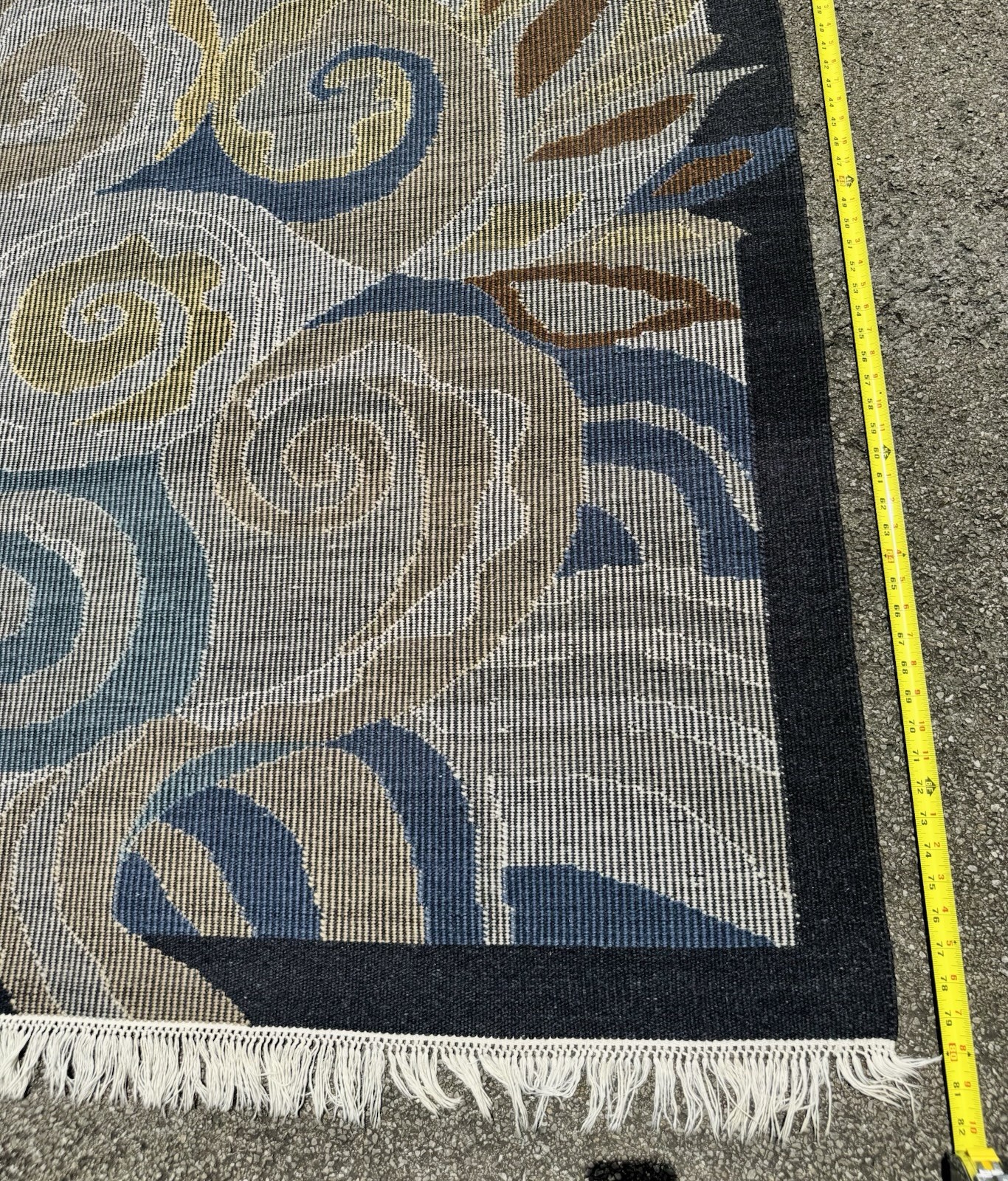 Vintage Signed Swedish Rollakan Area Rug Blue & Yellow 4.8×6.6 ft Modernism MCM