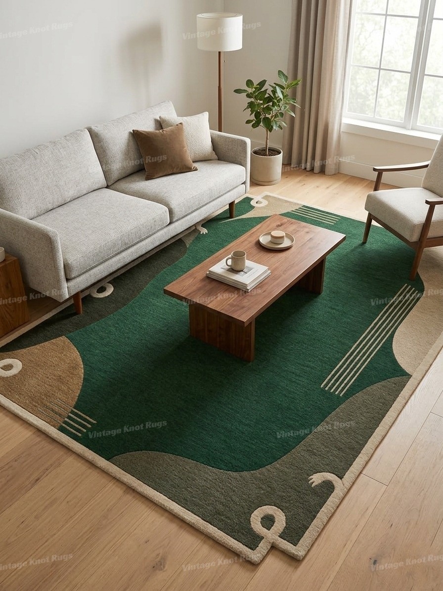 Hand Tufted Emerald Green Wool Area Rug 8×10 Abstract Modern Handmade Area Rug