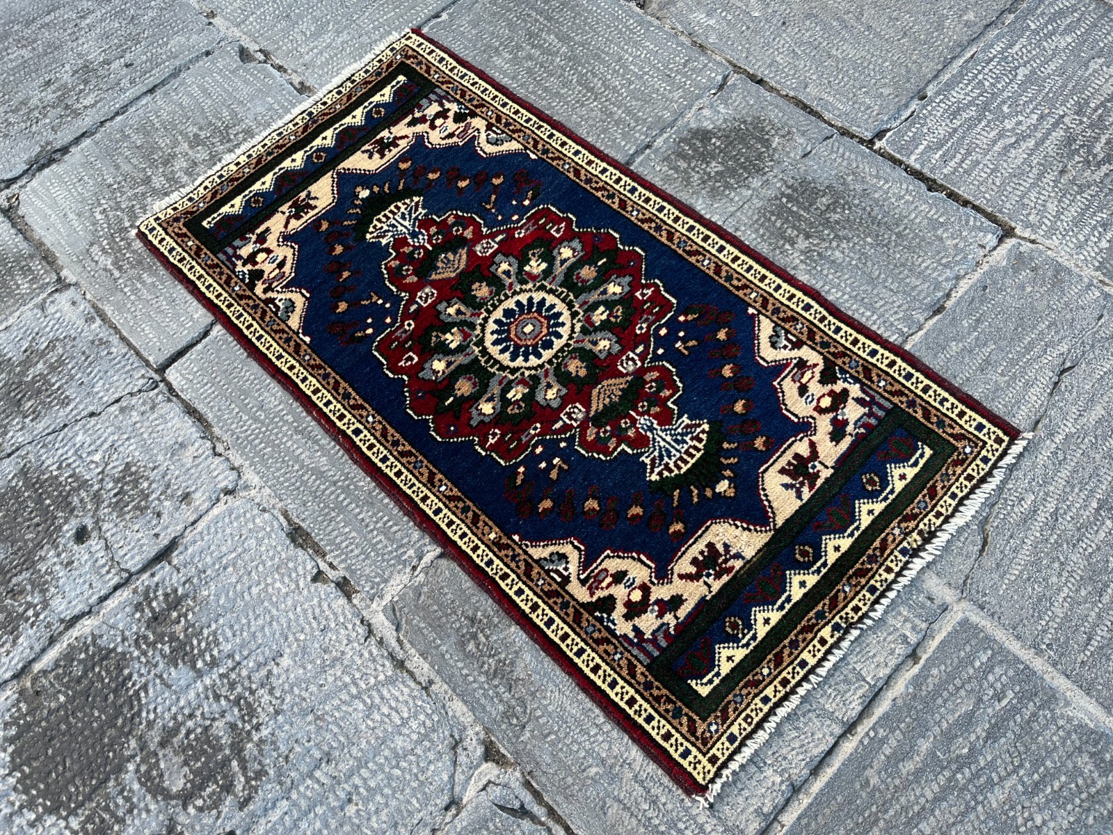 Small Vintage Turkish Rug 1.7×3.2 ft Navy Blue Red Wool Boho Mat 20×38 in