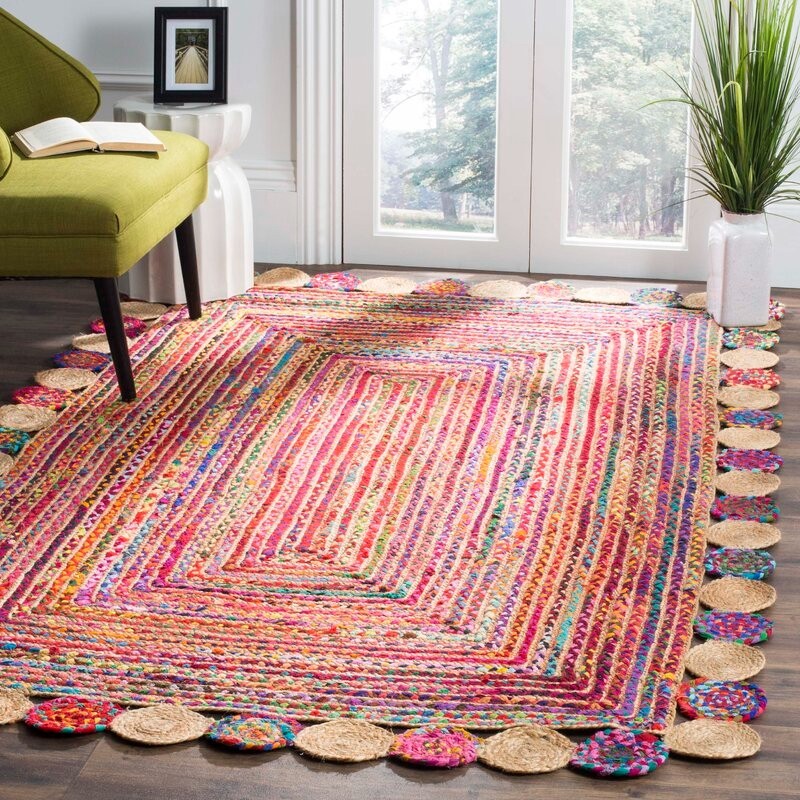 Handmade Multicolour Jute Braided Rug Scalloped Border Living Room Bedroom Floor