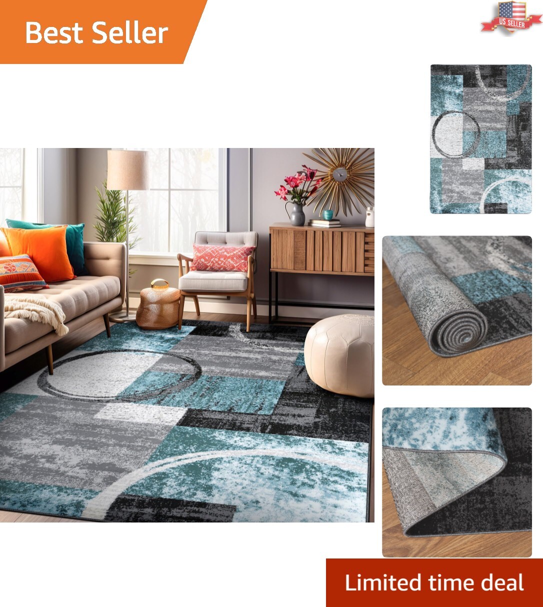 Elegant Abstract Circles Design Area Rug 7’10” x 10’2″ – Premium Polypropylene