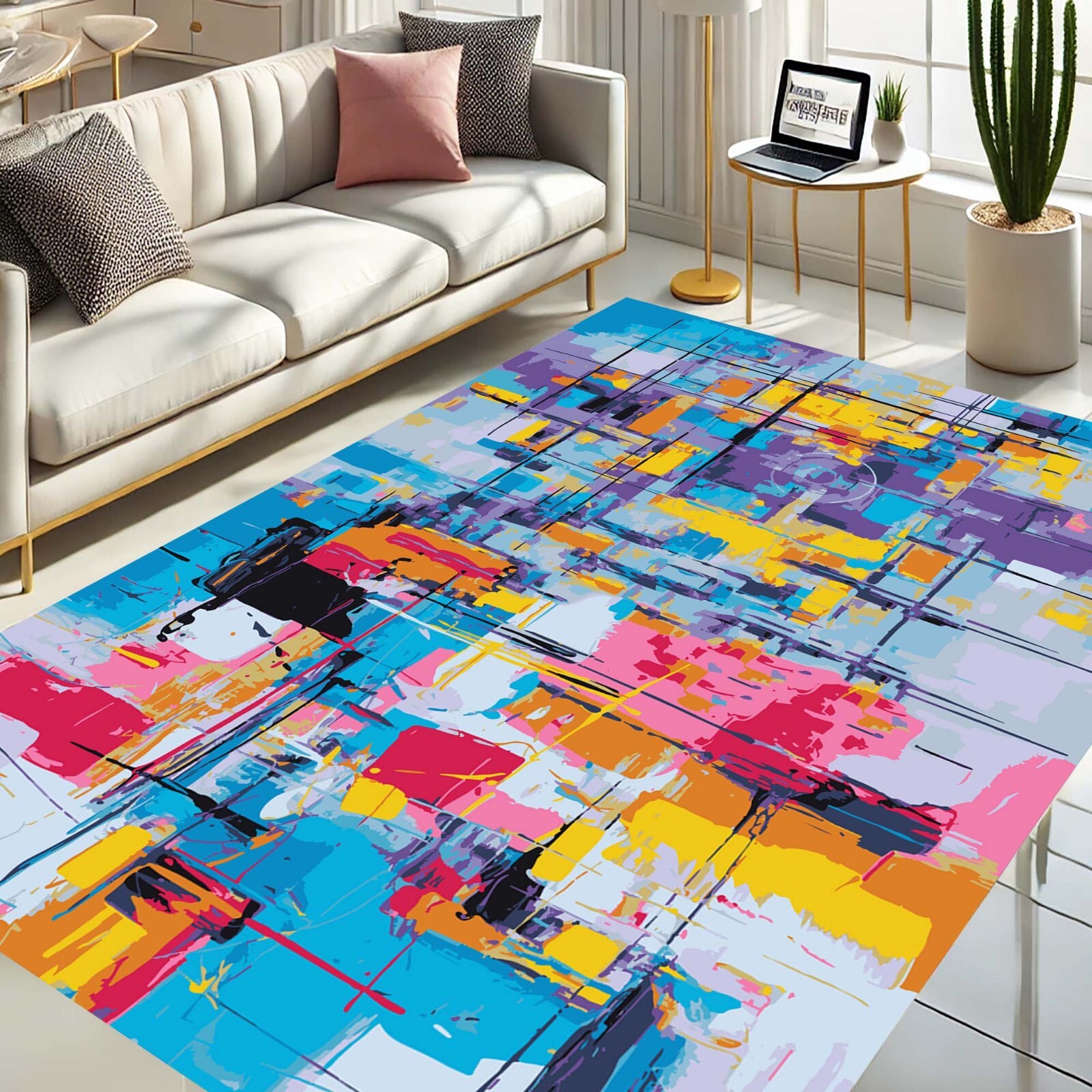 Abstract Art Rug, Colorful Floor Mat, Modern Living Carpet, Bright Art Rug