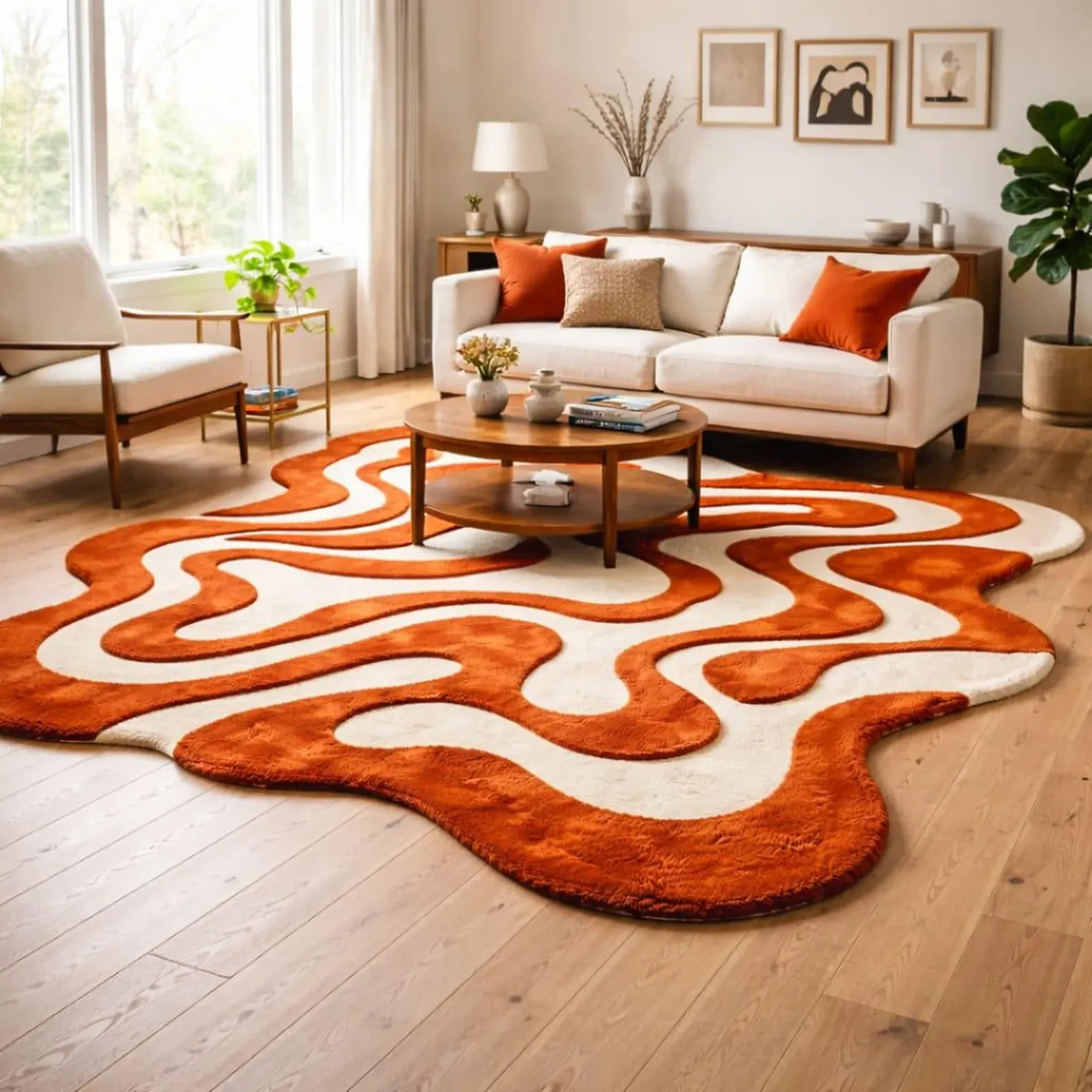 Hand Tufted Wool Area Rug, Burnt Orange Wave Pattern, Mid Century Abstract Rug.
