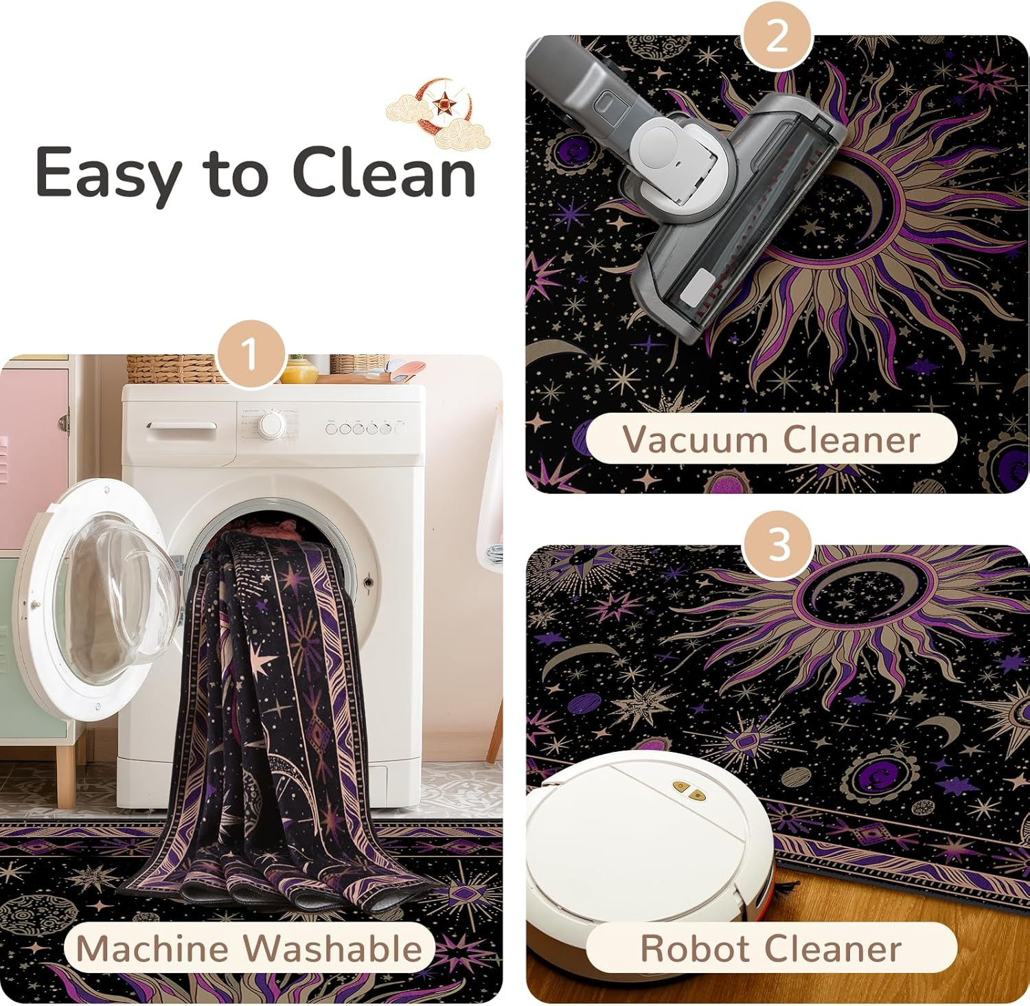 5X7 Area Rugs, Washable Vacuum-Friendly Non-Slip Rug Vintage Boho Gothic Sun and