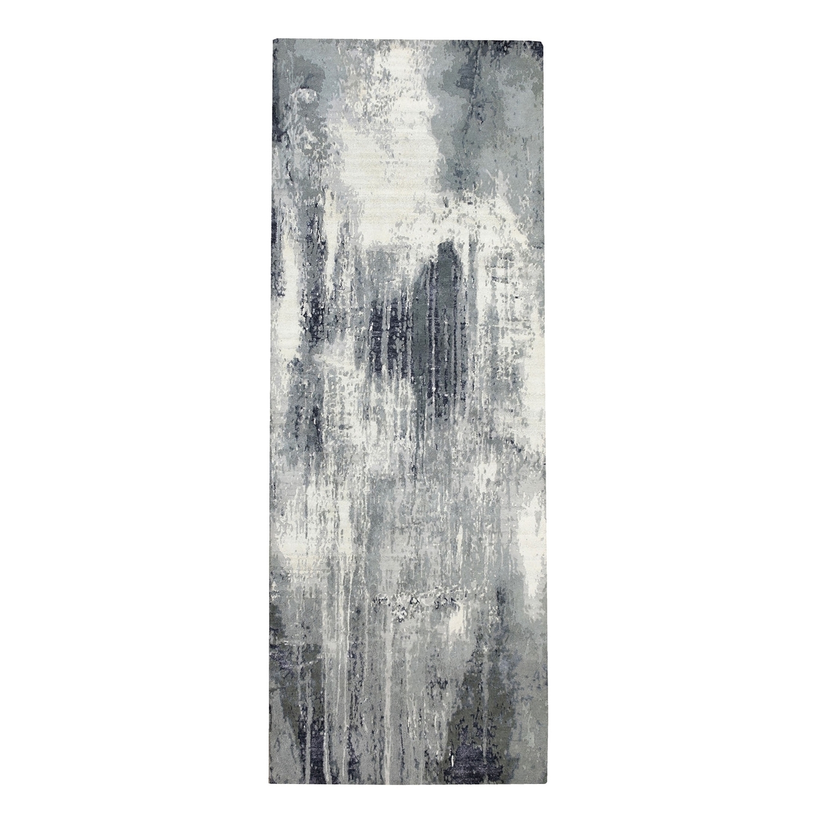 2’6″x10′ Charcoal Black Abstract Design Wool-Silk Handknotted Runner Rug R62071