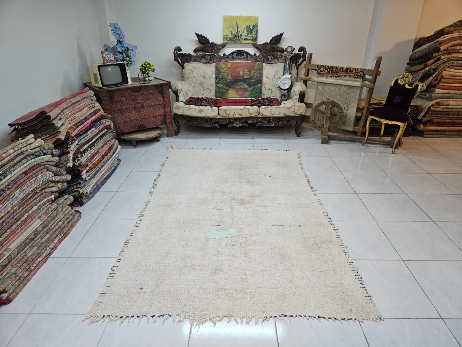 Eco-Friendly Bohemian Rug, 5.4 x 8.1 ft Vintage Turkish Hemp Rug, Large Carpet