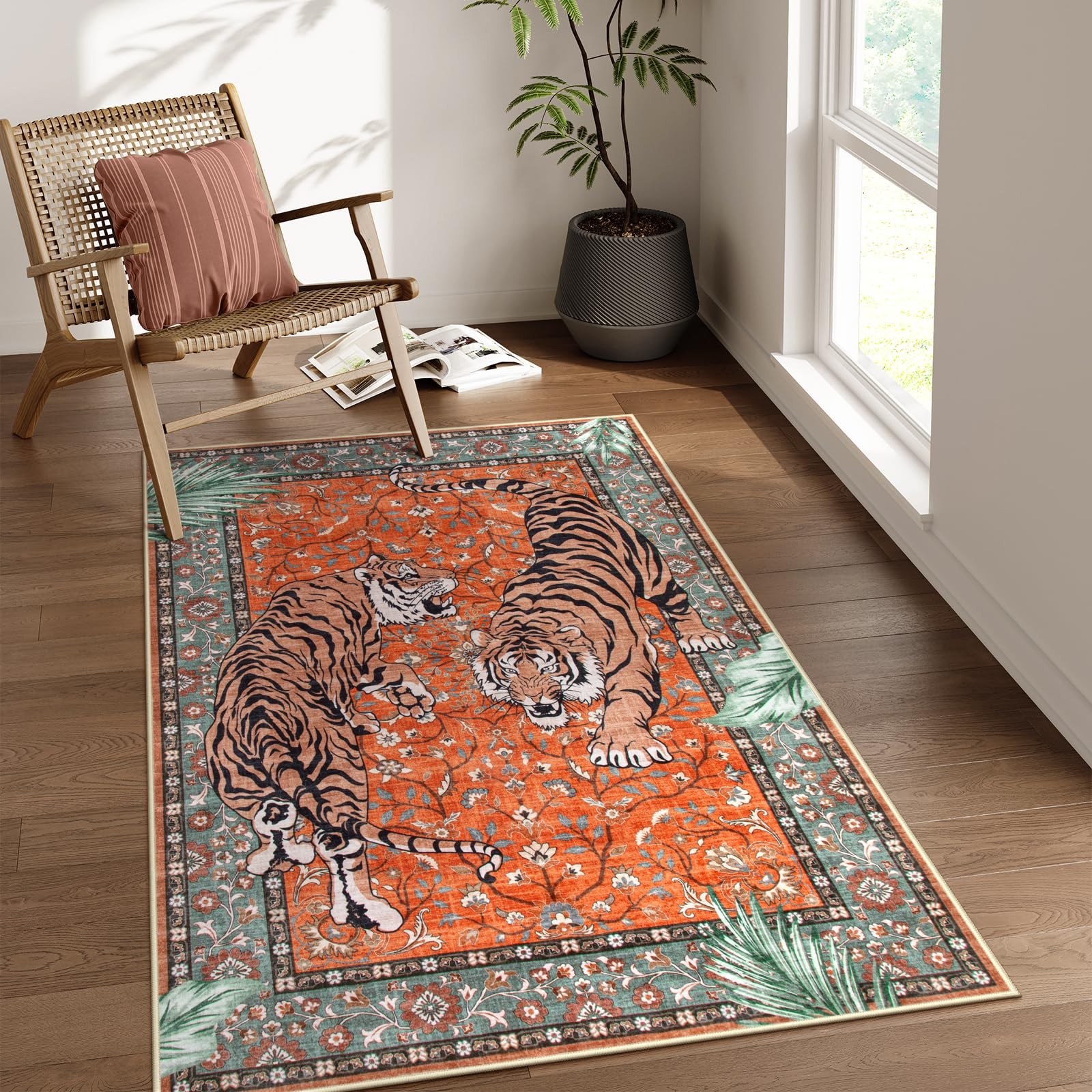 Moynesa Tiger 3×5 Washable Rug, Boho Area Rugs for Entryway, Non Slip Small R…