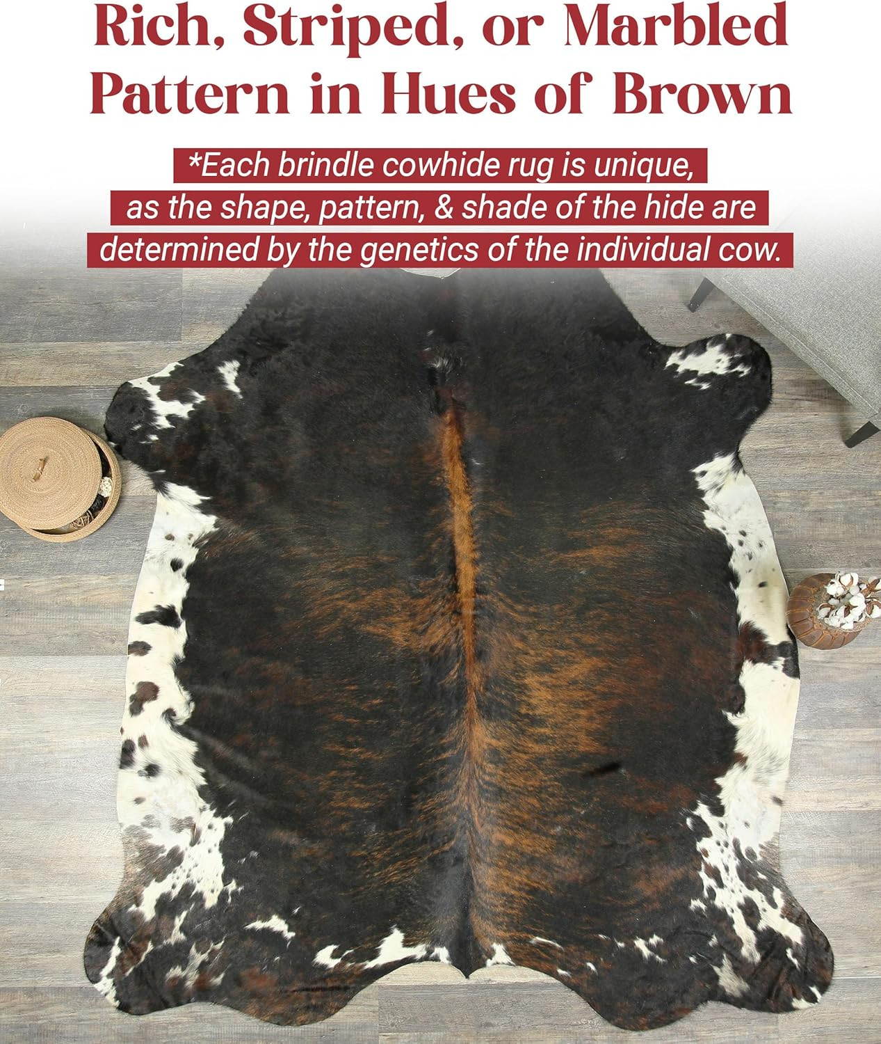 Natural Cowhide Rug 6×7-8 Ft – Soft Brown & Black Hair-On-Hide Area Rug
