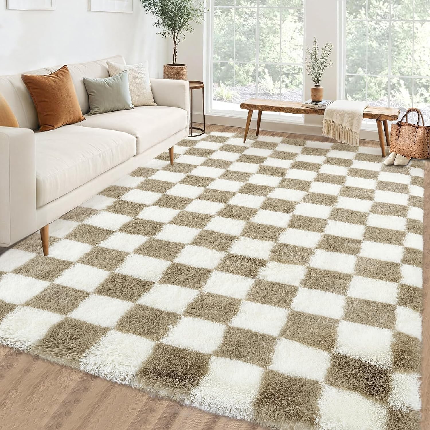 Modern Checkered Plush Shag 8×10 Washable Area Rug Non Slip Living Bedroom Home
