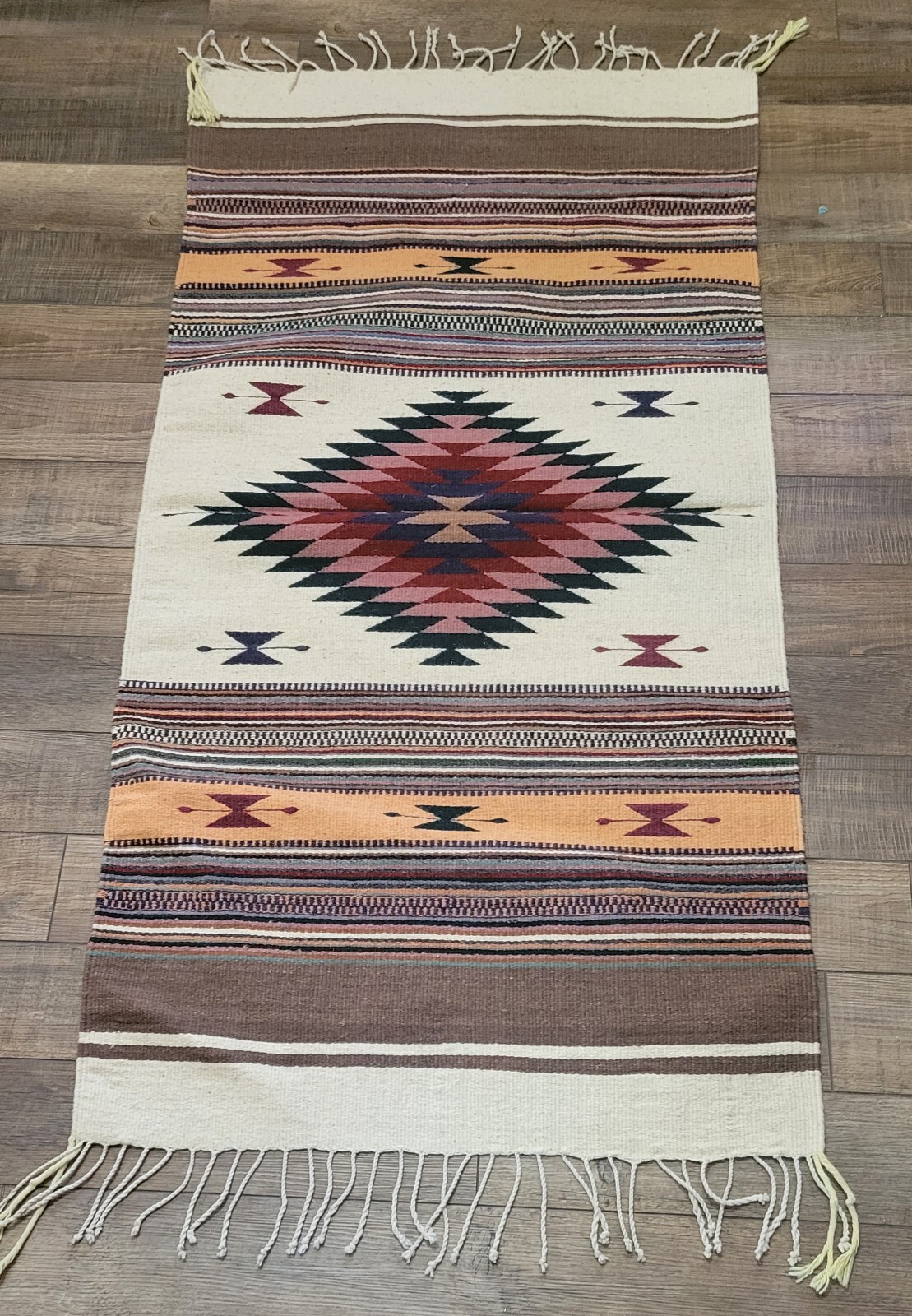 Vintage Native Aztek Design Woven Wool Rug 60″ x 30″ Beautiful