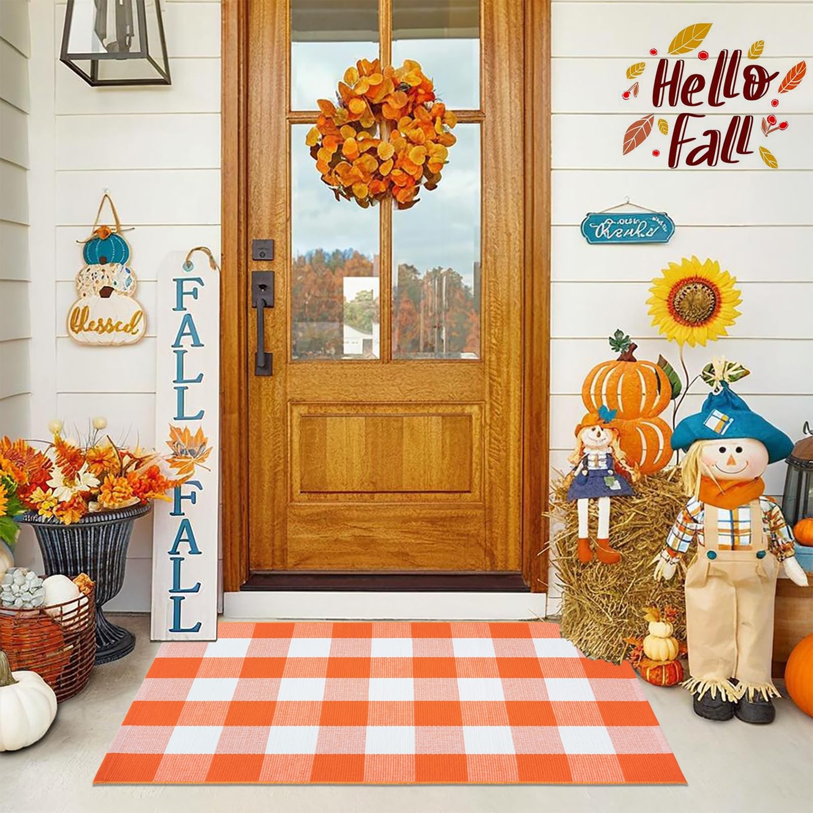 Fall Orange and White Plaid Rugs, 28”x43” Area Rug Outdoor Indoor Front Por…