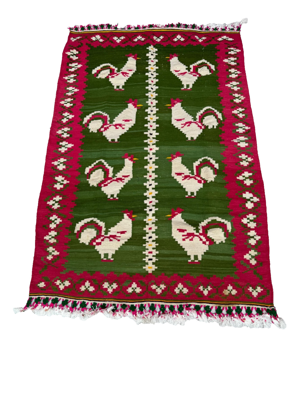 Handwoven Cotton Area Rug | Folk Art Rooster Design | One of A Kind | Vintage