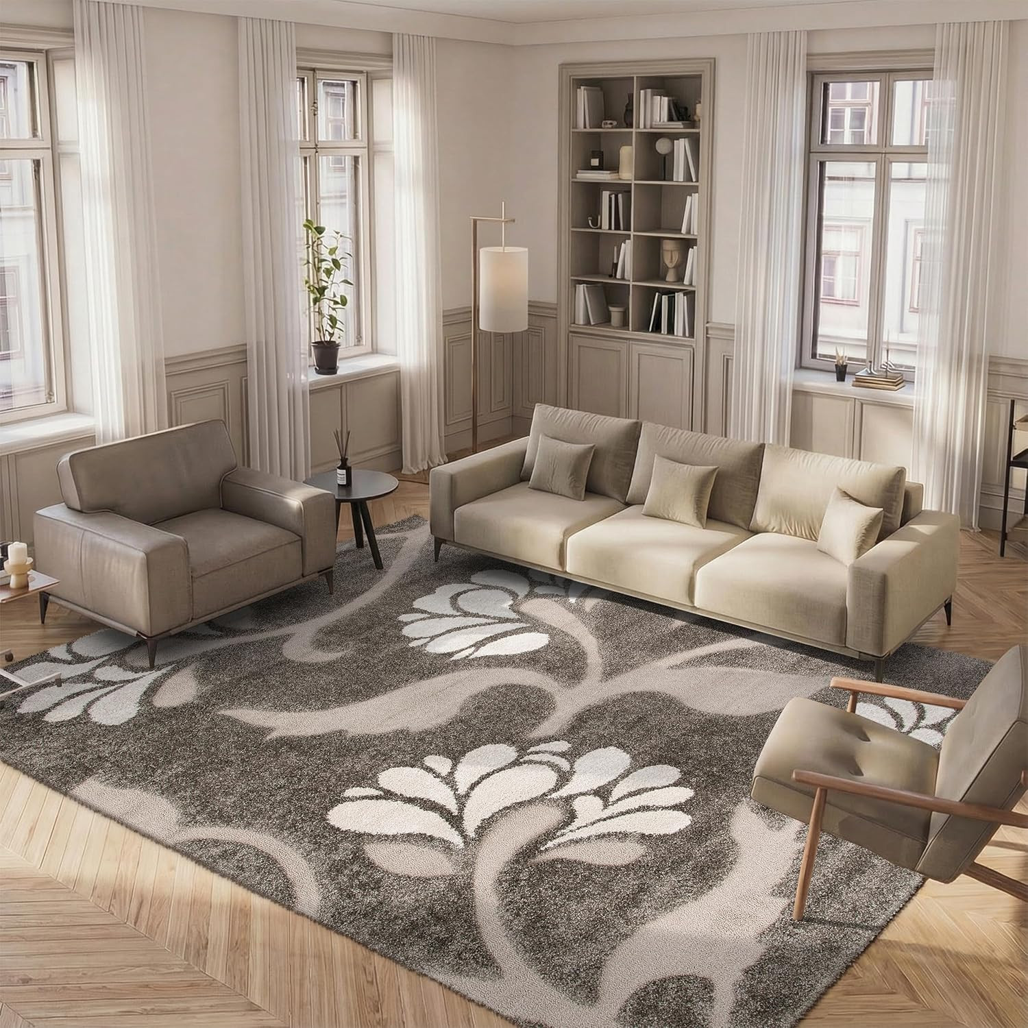Florida Shag 8′ x 10′ Area Rug, Floral Design, Smoke & Beige
